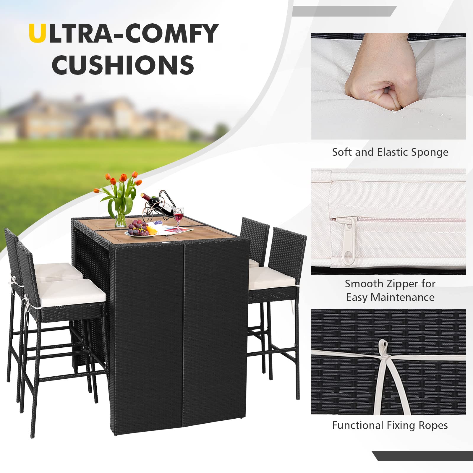 HAPPYGRILL 5-Piece Rattan Outdoor Bar Set with High Table & 4 Cushioned Bar Stools - Wicker Patio Dining Furniture for Poolside, Backyard, Garden, and Outdoor Entertaining
