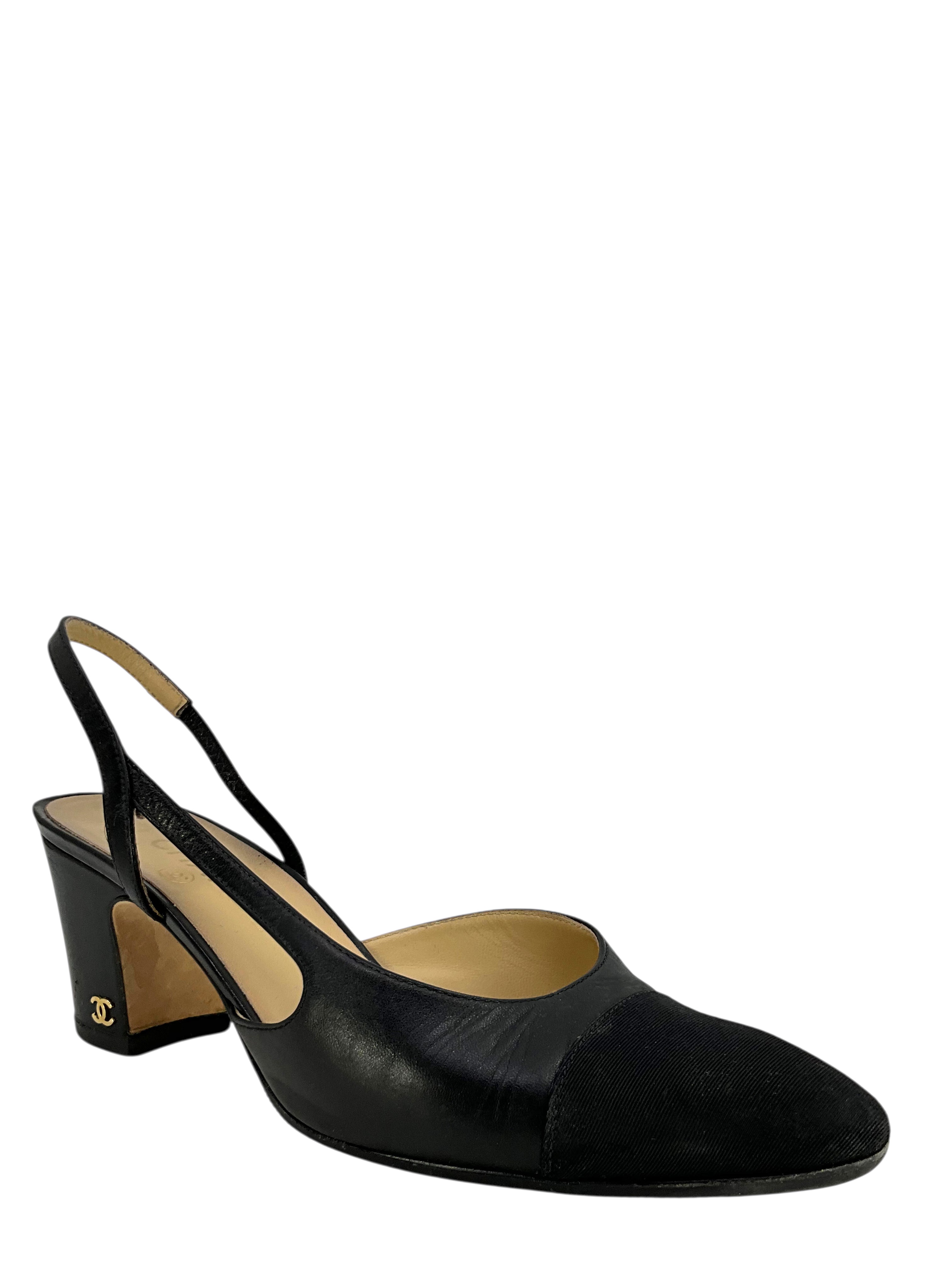 CHANEL Leather Cap Toe CC Slingback Pumps - Women's Size 9 US (39 EU) | Classic Black Designer Heels for Work, Parties & Special Occasions