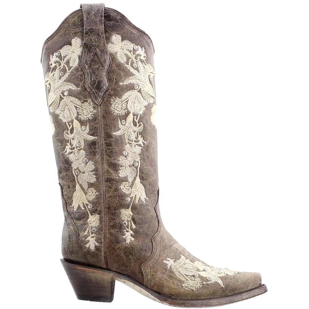 Floral Rhinestone Embroidered Snip Toe Cowgirl Boots for Women - Western Mid Calf Boots with 2-3