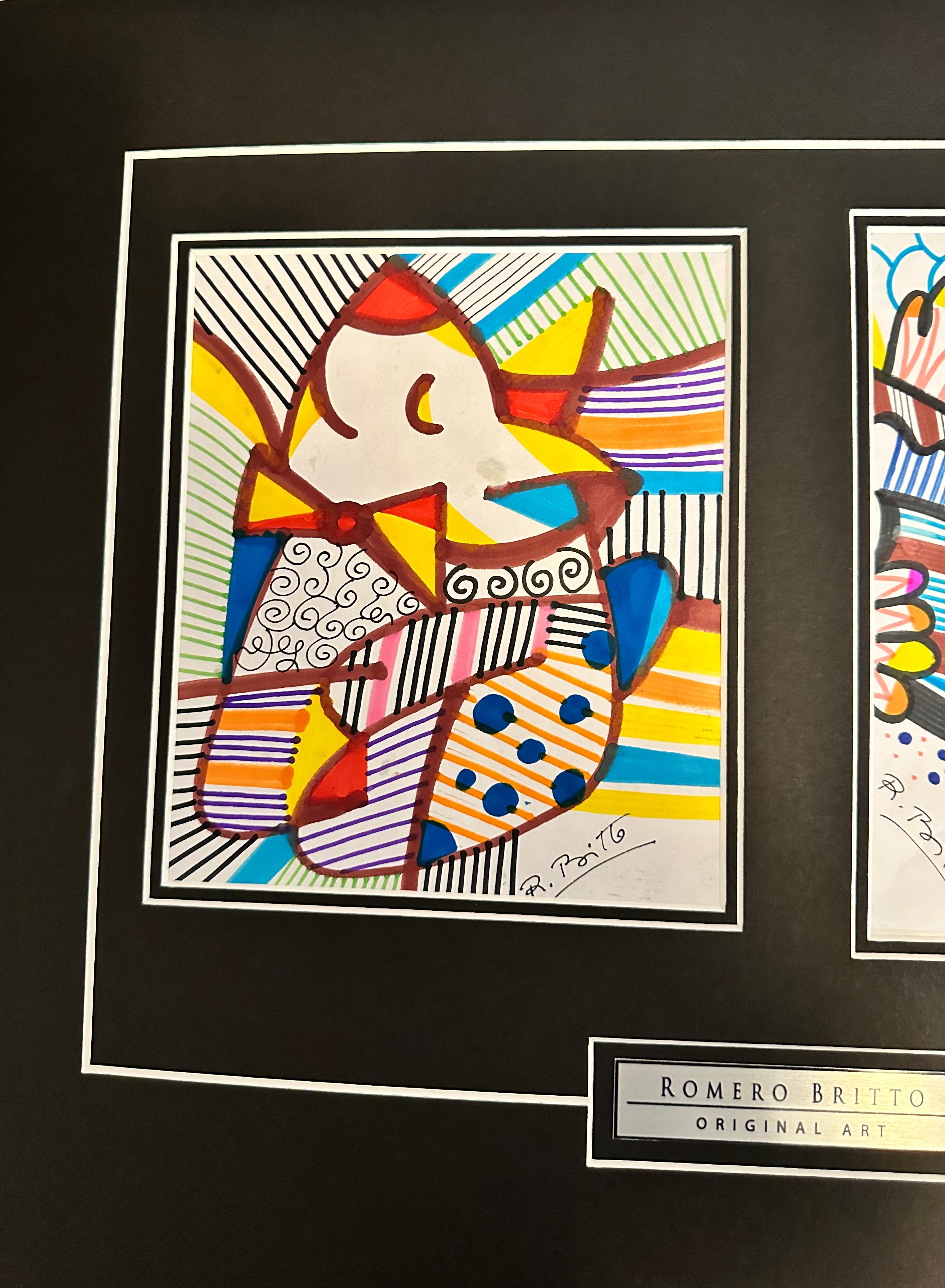 Romero Britto Signed Original Matted Sketches - 2-Piece Set with COA - Perfect for Art Collectors, Home Decor & Gift Giving