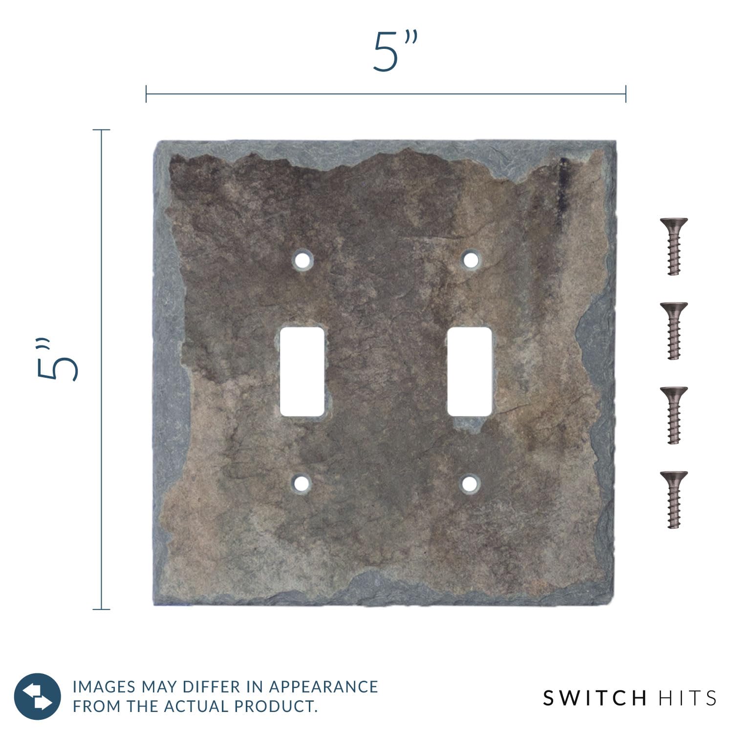 Decorative Recycled Vermont Slate Electrical Switch Plate - 2 Gang Double Toggle Light Switch Cover (5” x 5”) - Natural Earth Tone Wall Outlet Faceplate for Living Room, Bedroom & Office Decor