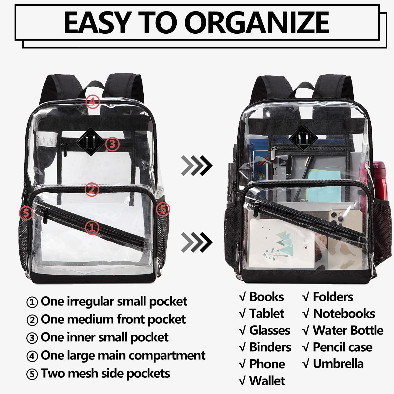 Kasqo 15.6 Inch Clear Backpack - Heavy Duty PVC Transparent School Backpack for College, Work & Travel | Stadium Approved See Through Backpack | Perfect for Sports Events, Airport Security & Daily Commute