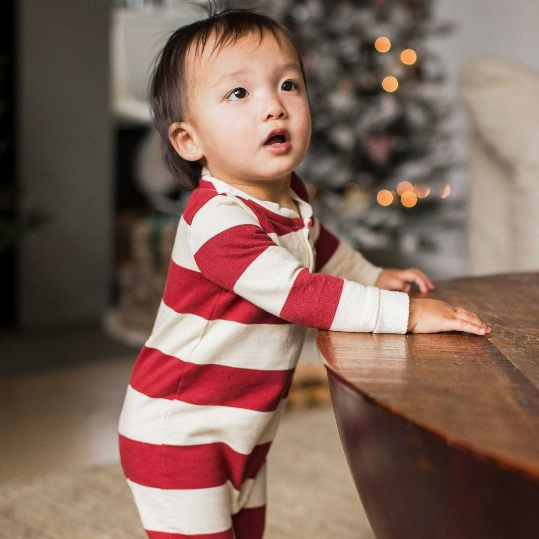 Stylish Henley Jumpsuit with Holiday Stripes in Redwood - Perfect for Christmas Parties & Festive Gatherings
