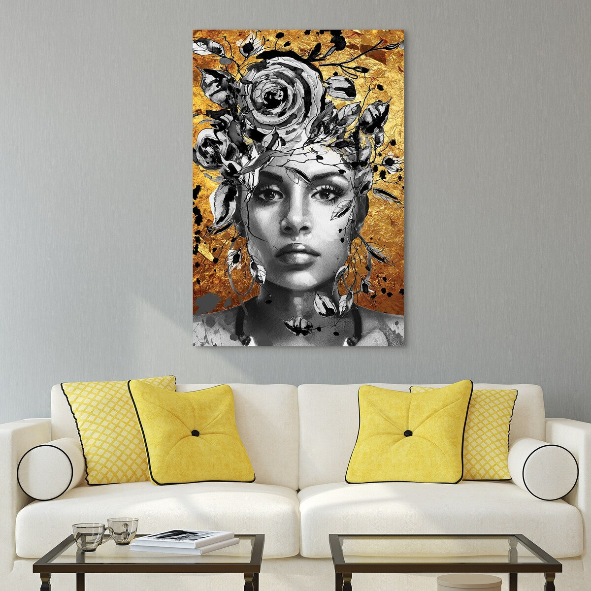 Floating Glass Wall Art - 32x48 Inch Frameless Tempered Glass Panel with Floral & Female Design - Modern Home Decor for Living Room, Bedroom, Office
