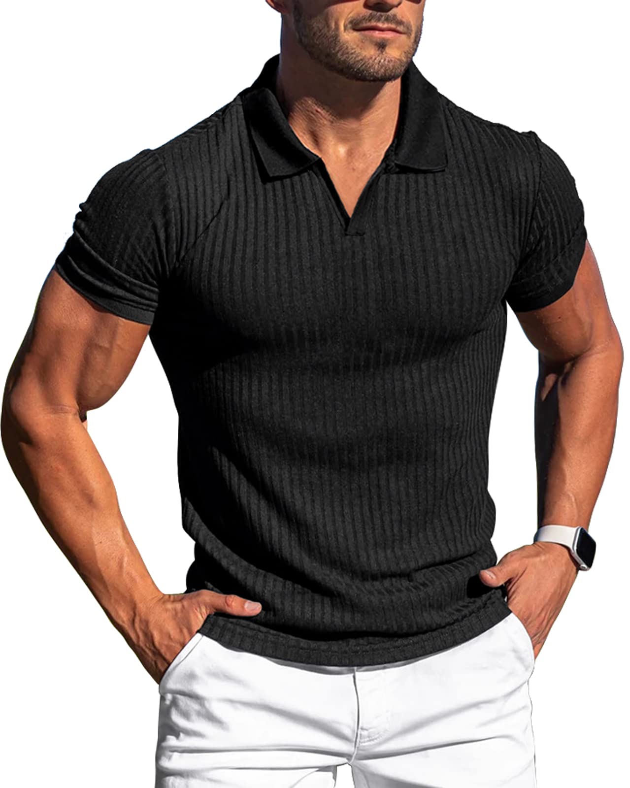 Men's Slim Fit V-Neck T-Shirts - Dry Fit Muscle Polo Shirts for Golf & Casual Wear - Breathable Short Sleeve Stylish Tee for Workout, Sports & Everyday Use