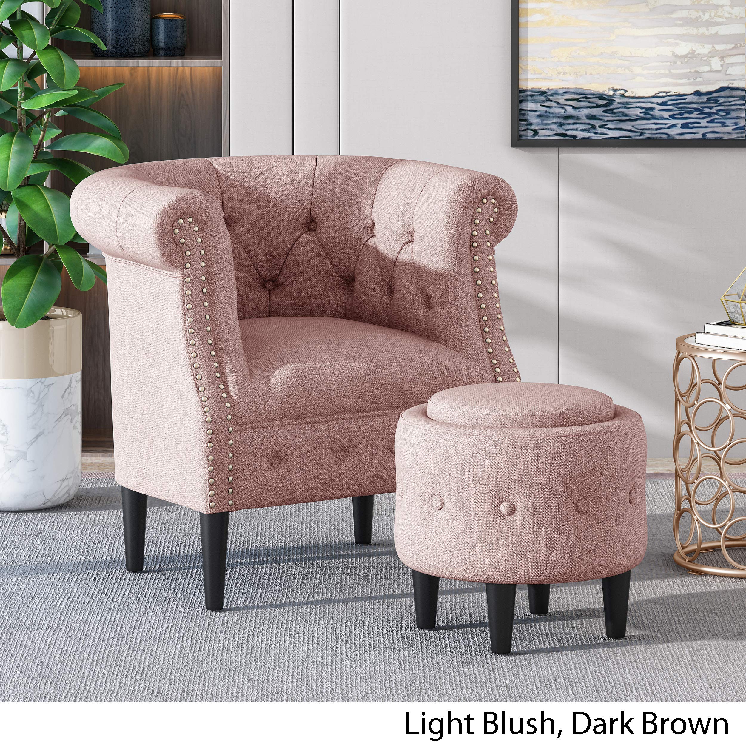 GDFStudio Petite Tufted Fabric Chair and Ottoman Set in Light Blush & Dark Brown - Compact Living Room Furniture for Small Spaces, Apartment Decor, Cozy Reading Nook Accent Chair