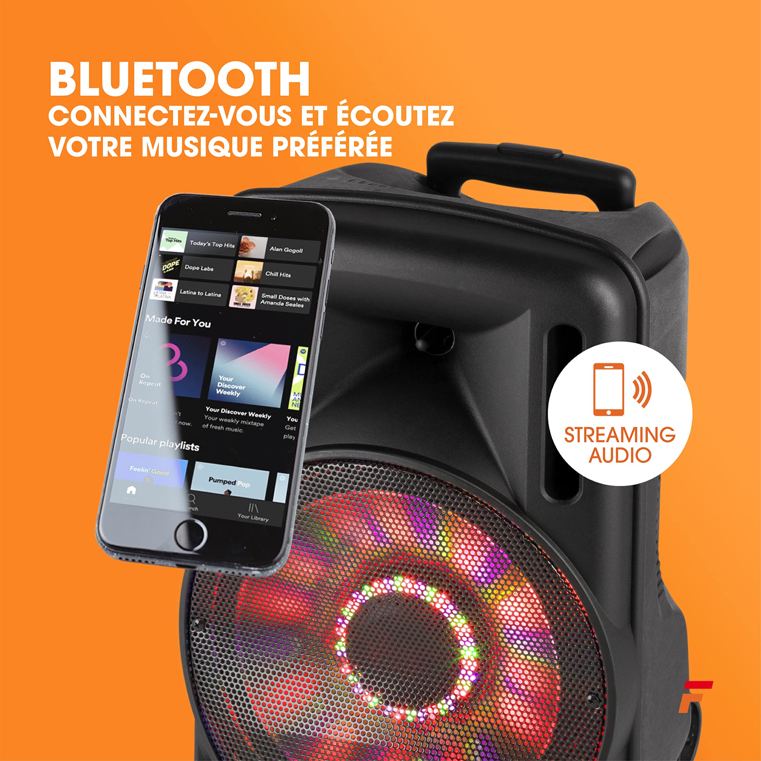 FT12LED 700W Portable Bluetooth Speaker with 12-Inch Battery - Wireless Audio Streaming, USB/SD/AUX Input, Wired Mic, Colorful LED Lights | Perfect for Outdoor Parties, Beach Trips, Camping & Home Entertainment