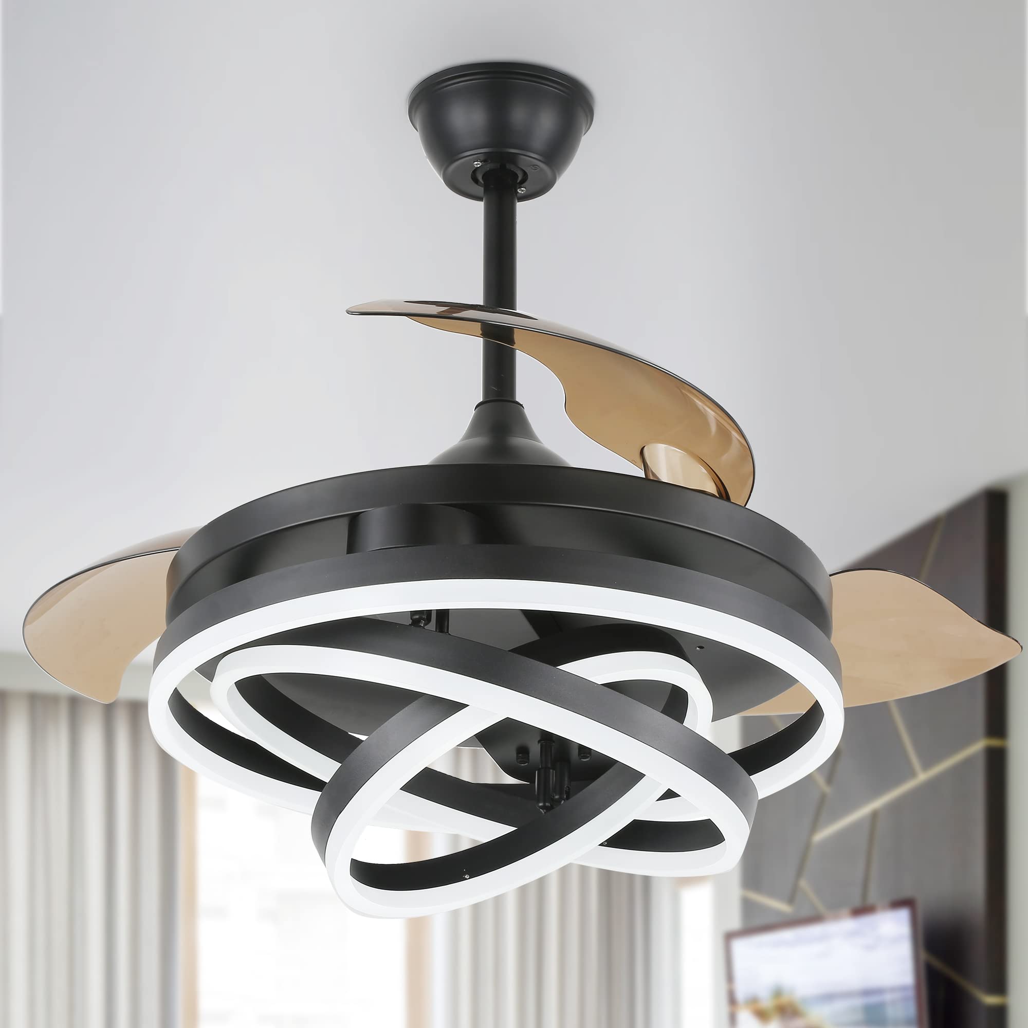 42 Inch Retractable Ceiling Fan with Silent Motor - 6 Speed, 3 Color Change, Timer - Geometric DIY Hidden Blade Fan for Bedroom, Living Room & Office - Black Smart Ceiling Light with Remote Control