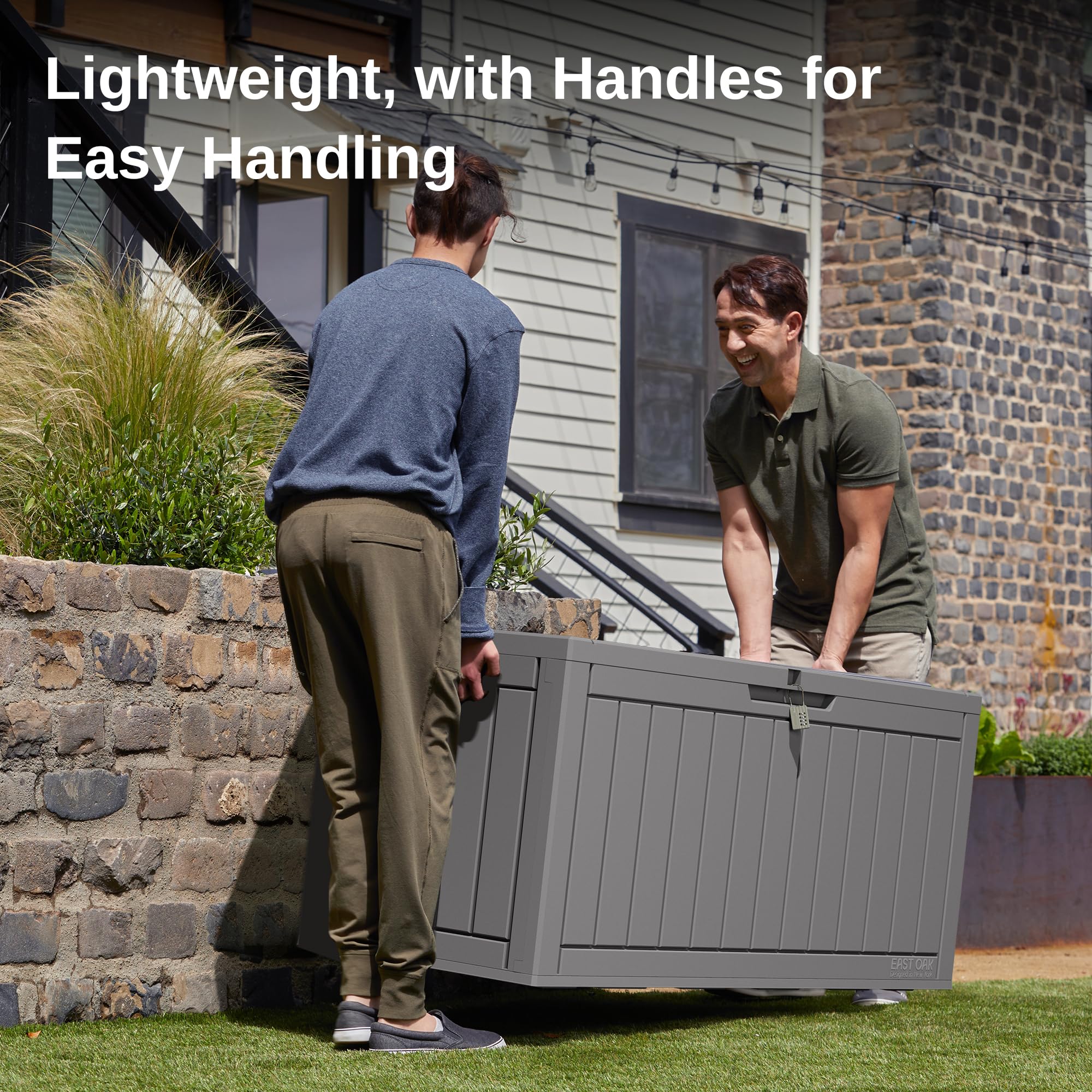 EAST OAK 90 Gallon Outdoor Storage Box - Waterproof Resin Deck Box with Lockable Lid, UV Resistant for Patio Furniture Cushions, Gardening Tools, Pool Toys | Perfect for Backyard, Garden & Poolside Organization (Grey)