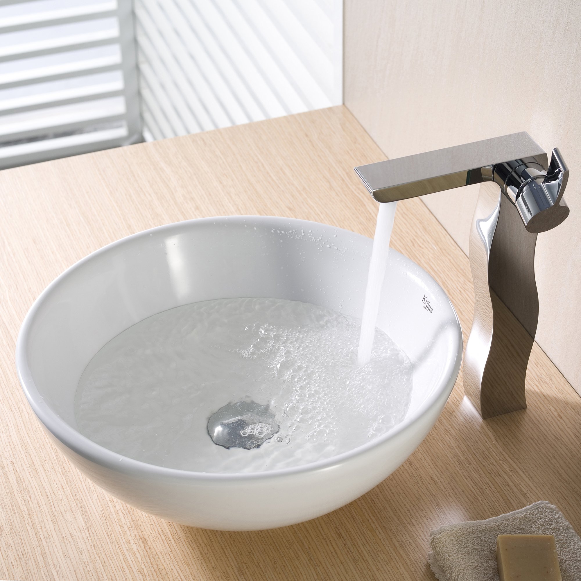 Kraus KCV-141-CH White Round Ceramic Kitchen Sink with Pop-Up Drain Chrome Finish - Perfect for Bathroom Vanity, Farmhouse Kitchen & Modern Home Decor
