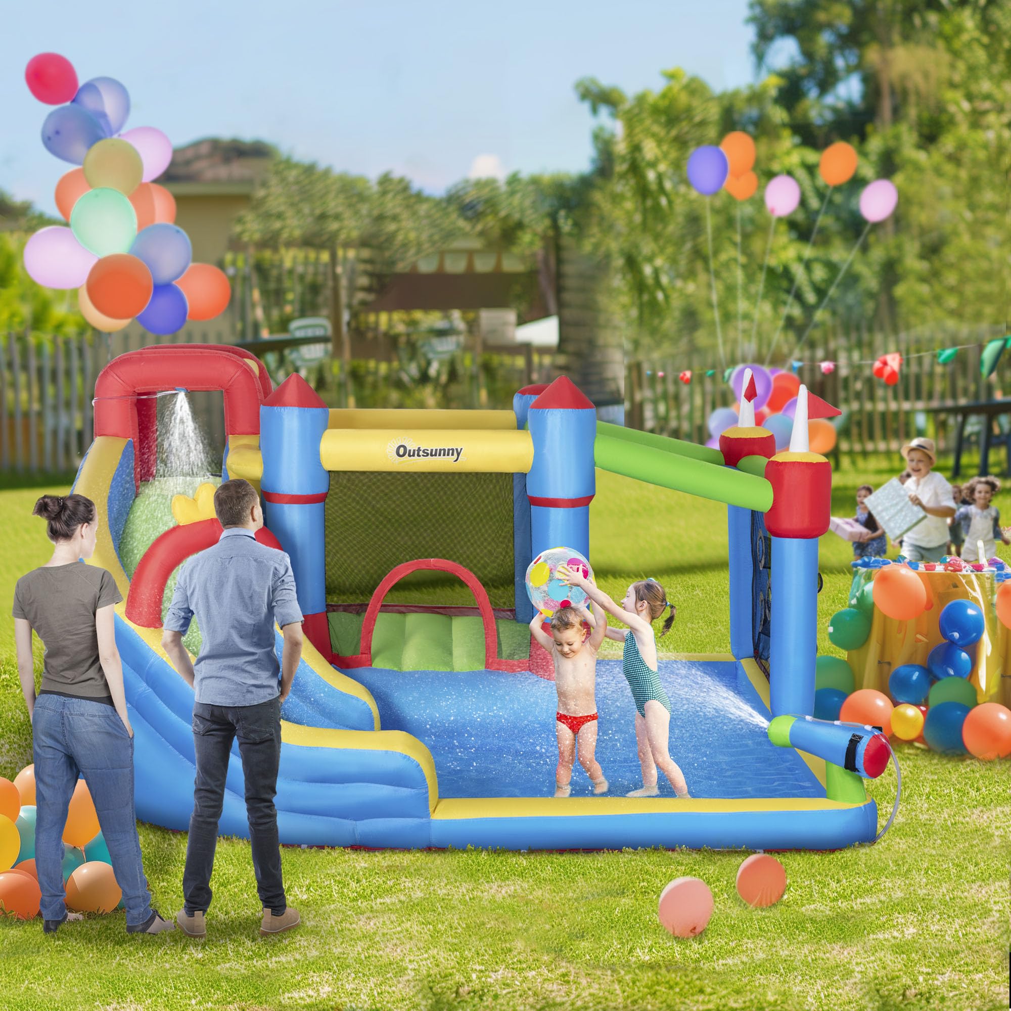 Outsunny 6-in-1 Inflatable Bounce House with Slide, Climbing Wall & Water Cannon - Kids Outdoor Water Play Bouncer with 2 Min Quick Inflation Pump - Perfect for Backyard Parties, Summer Fun & Birthday Celebrations