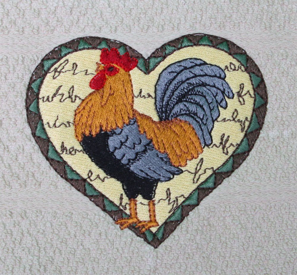 Premium Waffle Weave Dish Towel with Embroidered Rooster Heart Design - Green Kitchen Towel for Drying Dishes & Decor