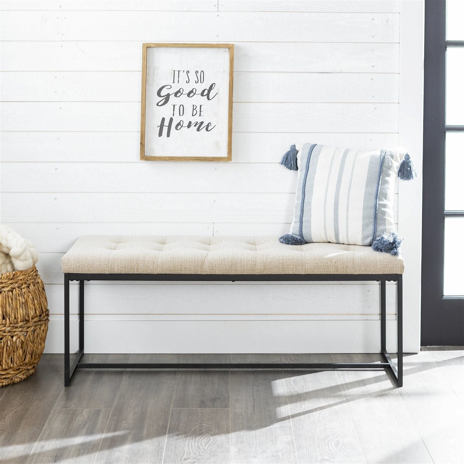 Woodstock Tan Fabric Relax Bench Seat with Black Metal Frame - Perfect for Living Room, Bedroom, or Outdoor Patio Furniture