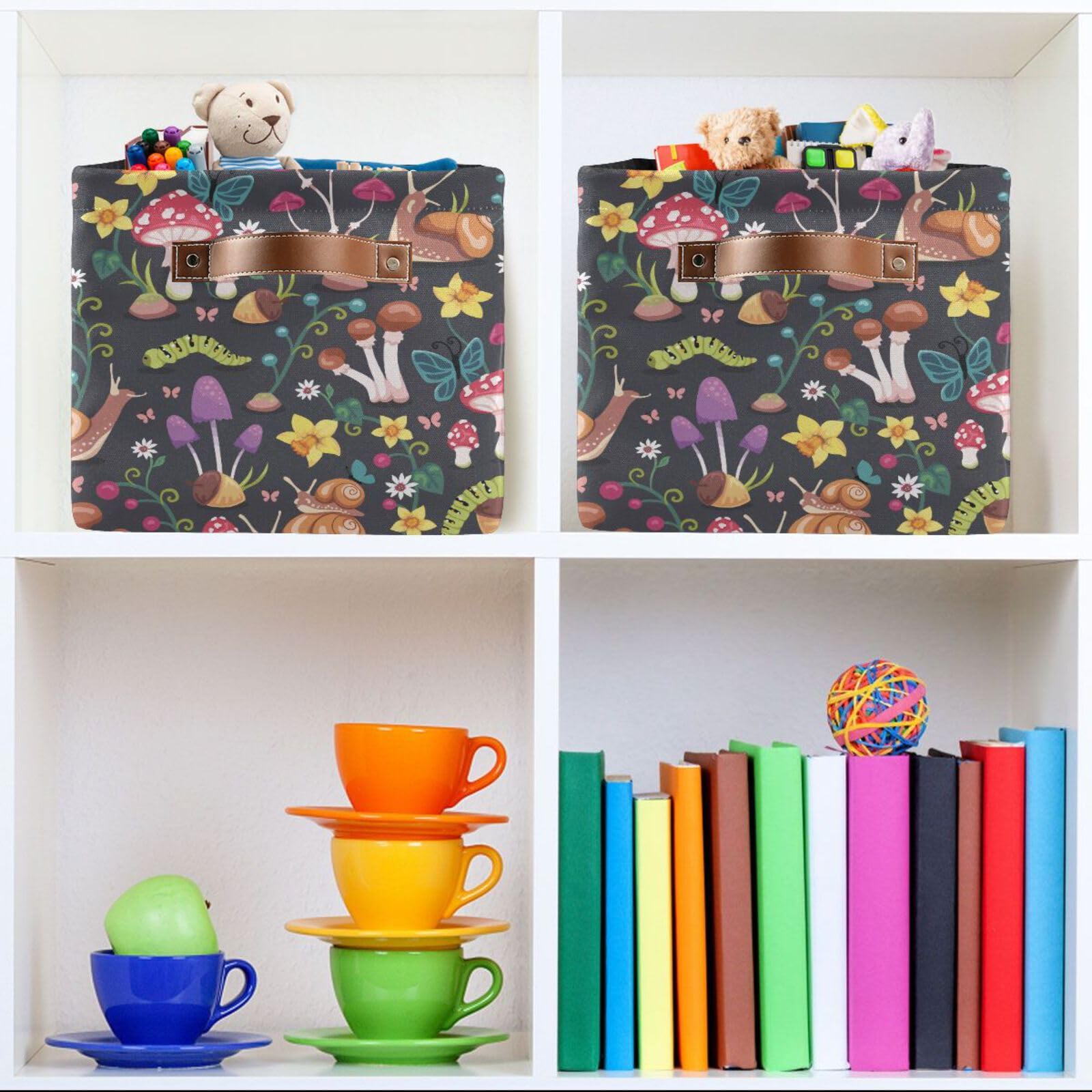 Collapsible Waterproof Canvas Storage Basket - Rectangle Mushroom Design for Nursery, Toys, Books | Foldable Organizer Bin for Closet, Shelves, Bedroom Decor (1 Pack) - Perfect for Kids' Room Organization & Home Storage Solutions