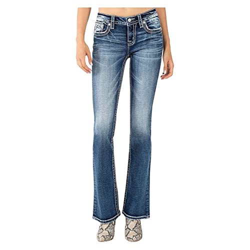 Miss Me Women's Dark Wash Mid-Rise Embroidered Bootcut Jeans - Stylish & Comfortable Denim Pants for Casual Wear, Work & Night Out
