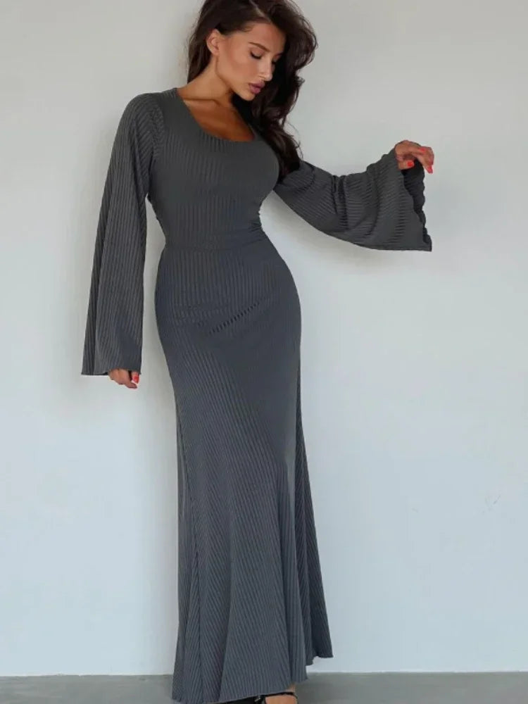 Elegant Back Tie Flared Long Sleeve Rib Knit Maxi Dress for Women - Cozy Winter Fall Clothes - Perfect for Holiday Parties, Date Nights & Office Wear - Wholesale C70 DZ61