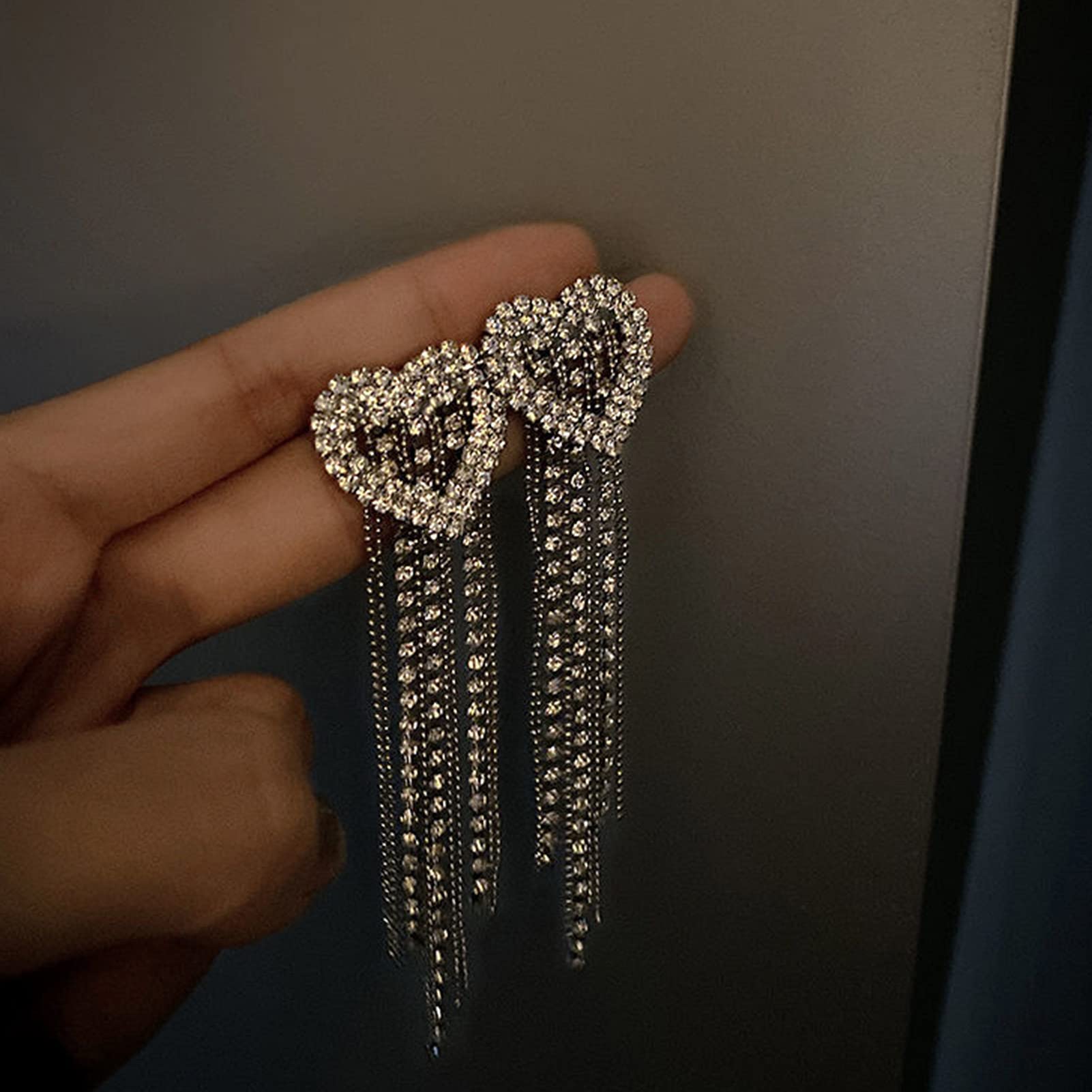 Sparkling Heart Dangle Earrings for Women - Diamond Fashion Jewelry with Rhinestone Tassels, Elegant Silver Stud Earrings for Wedding & Party (8.5cm x 2.2cm) | Perfect for Bridal Accessories, Date Night & Special Occasions
