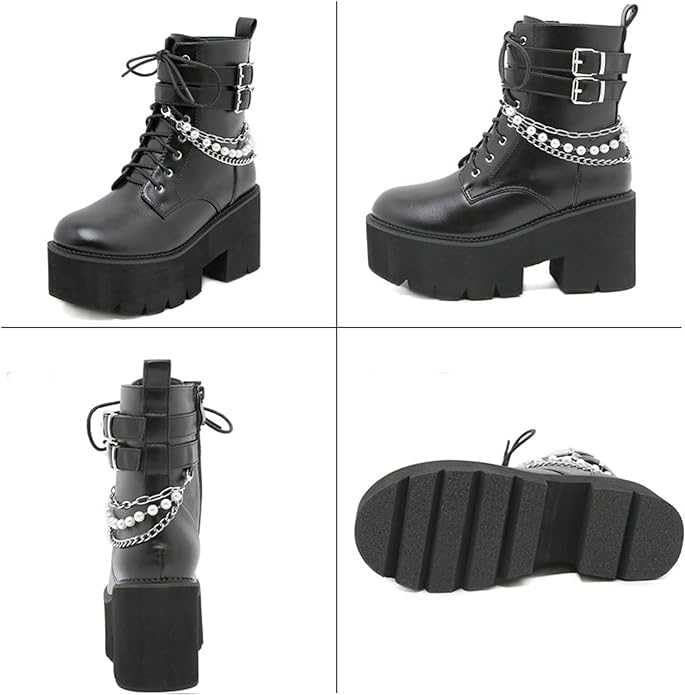 Women's Chunky Heel Combat Ankle Boots - Lace Up & Zipper Platform Booties with Studded Details | Black Motorcycle Fashion Boots for Casual Wear, Night Out & Biker Style