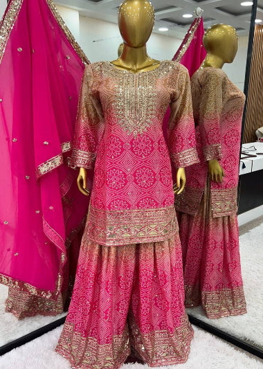 Stylish Pink Bandhani Print Chiffon Silk Sharara Palazzo Suit Set for Women | Indian Ethnic Wear | Perfect for Weddings, Festivals & Special Occasions