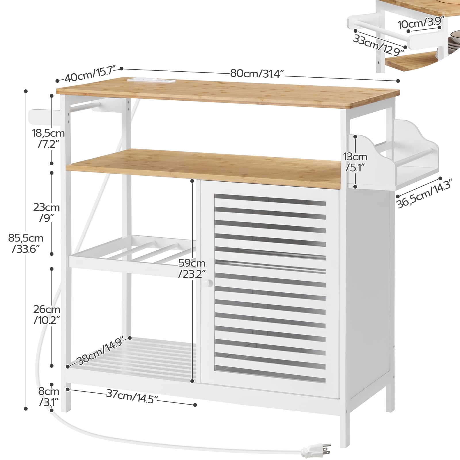 HOOBRO White and Natural Kitchen Island with Storage, Power Outlet, 4-Tier Coffee Station & Microwave Stand - Large Worktop Kitchen Cart for Home, Dining Room | Perfect for Small Spaces, Entertaining & Coffee Bar Setup