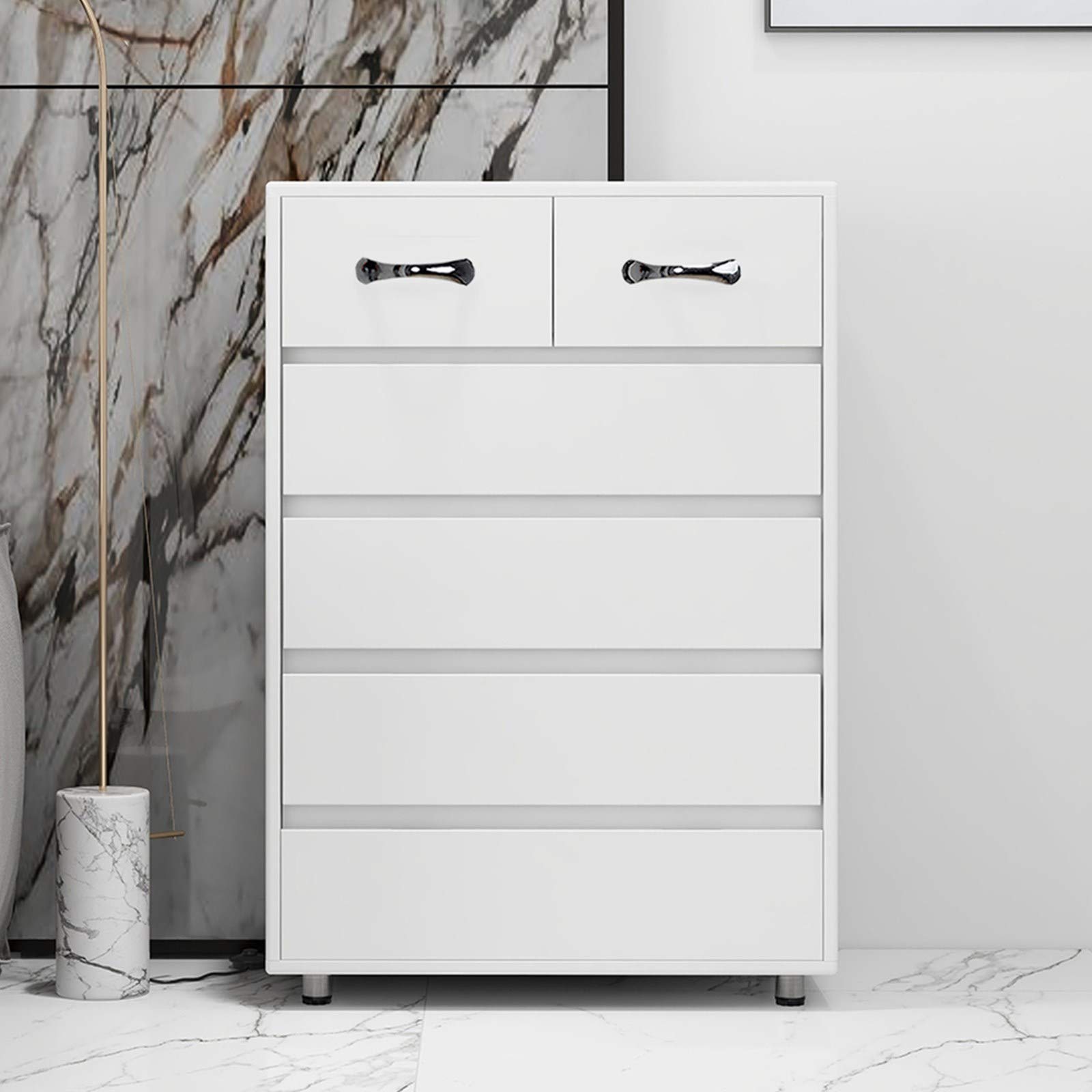 White 6-Drawer Storage Cabinet with Doors & Shelves - Organizer Side Table for Shoes, Books & More - Perfect for Living Room, Office & Bedroom Storage Solutions