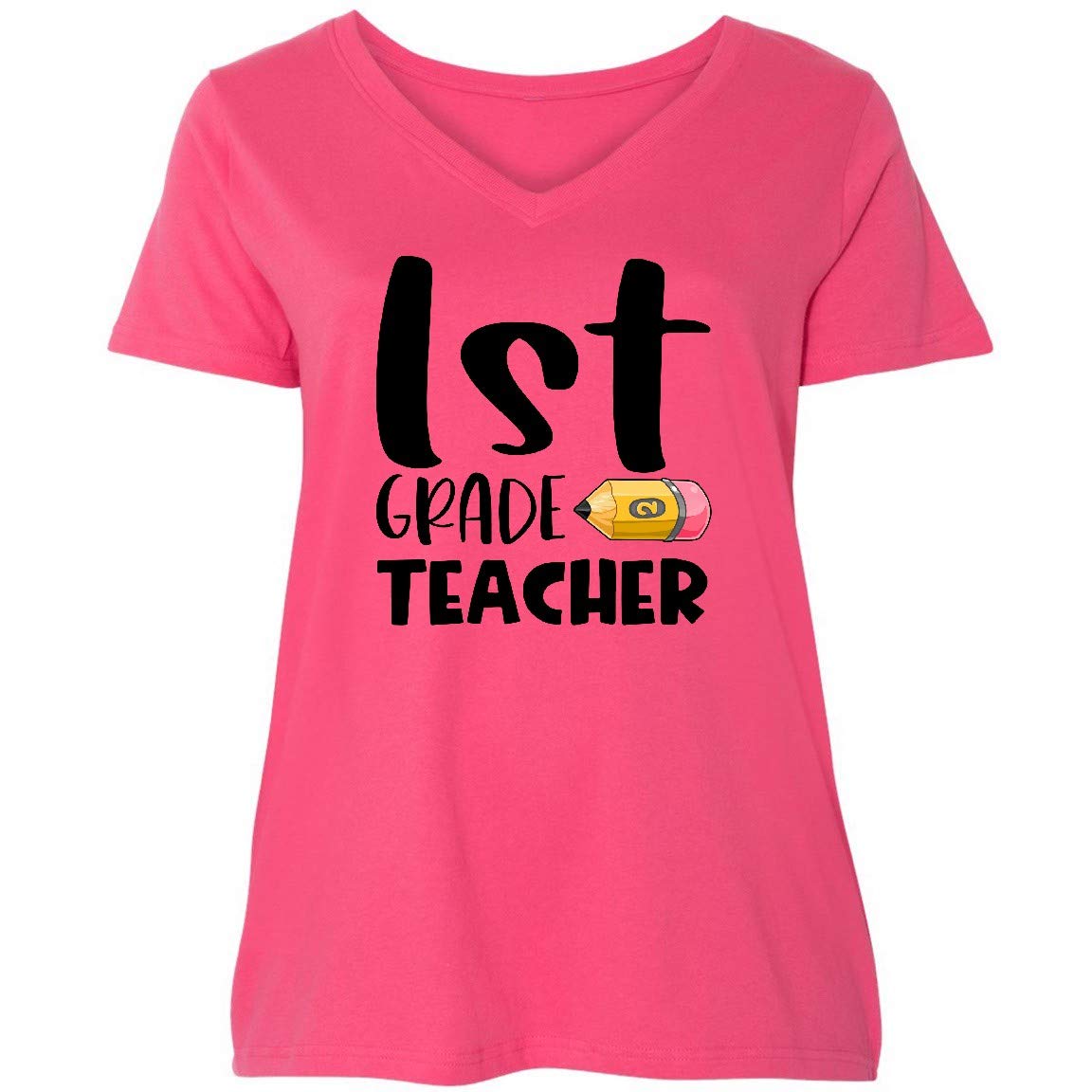 Inktastic First Grade Teacher Pencil Design Women's Plus Size V-Neck T-Shirt - Perfect for Classroom, Teacher Appreciation & Back to School