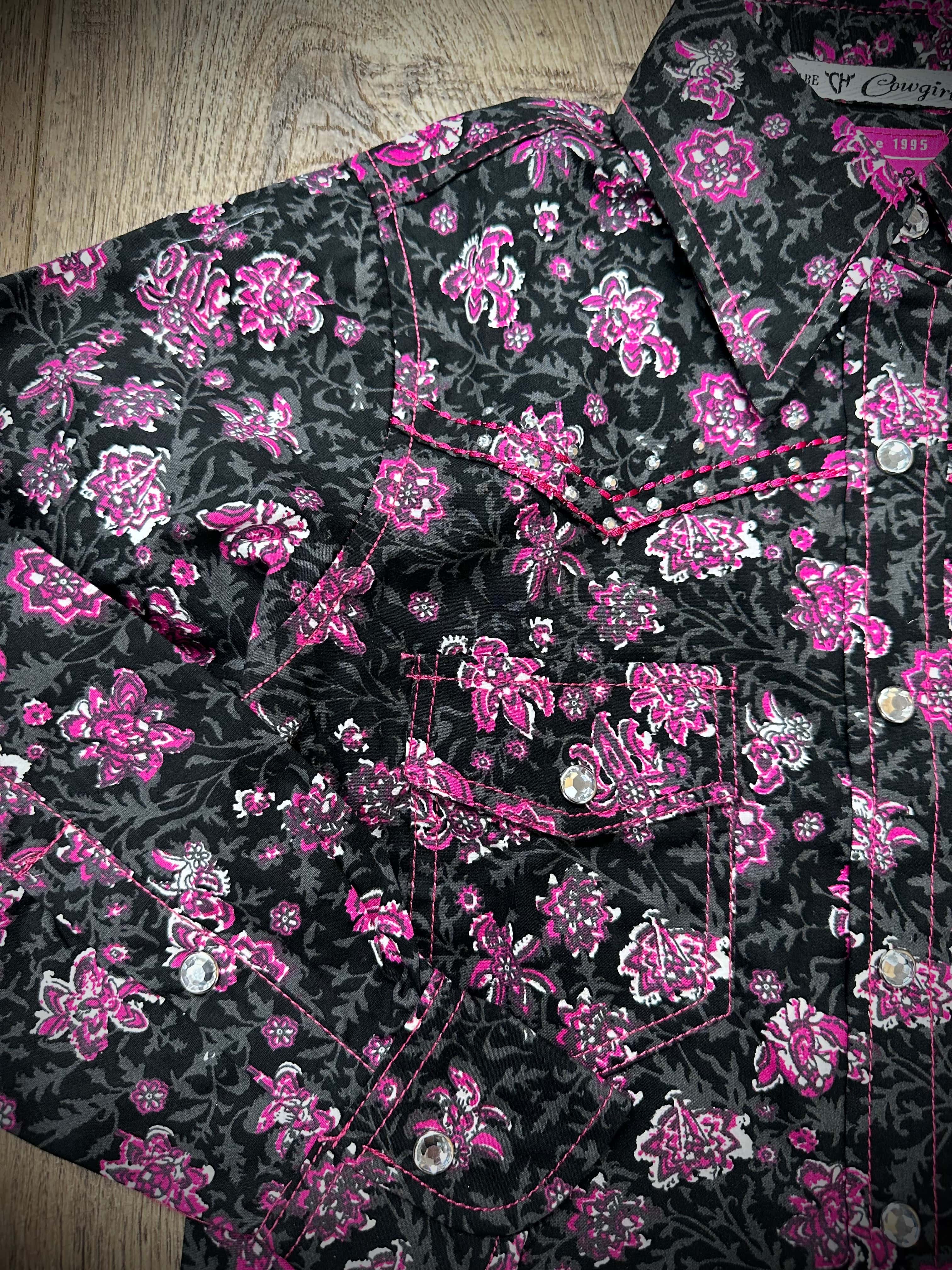 Youth Pink Floral Pattern Long Sleeve Snap Shirt for Girls - Cute Spring Outfit for School, Parties & Family Photos