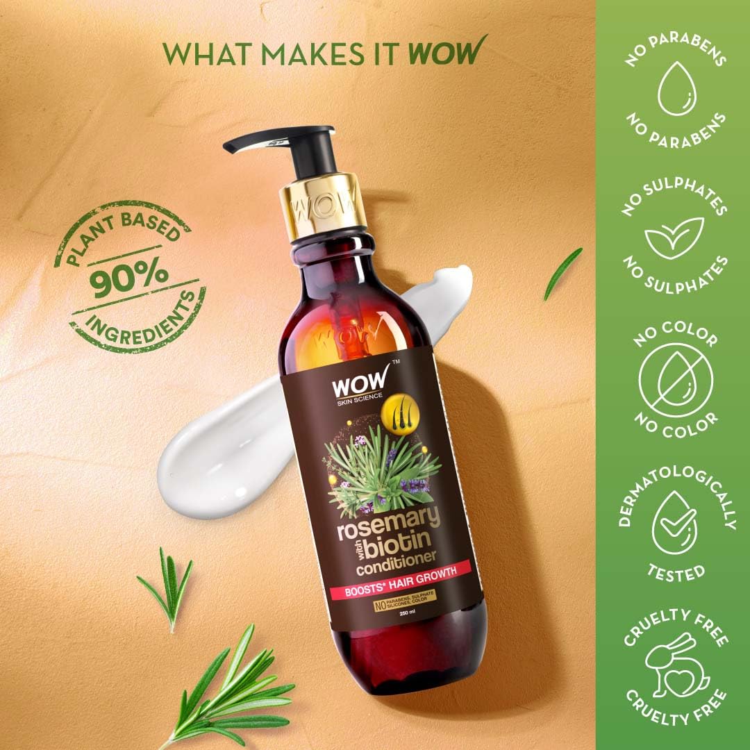 WOW Skin Science Rosemary & Biotin Hair Conditioner for Hair Growth - Anti Hair Fall, Prevents Tangles & Revives Dull Hair - 250ml (Pack of 1) - Perfect for Daily Hair Care & Damaged Hair Repair