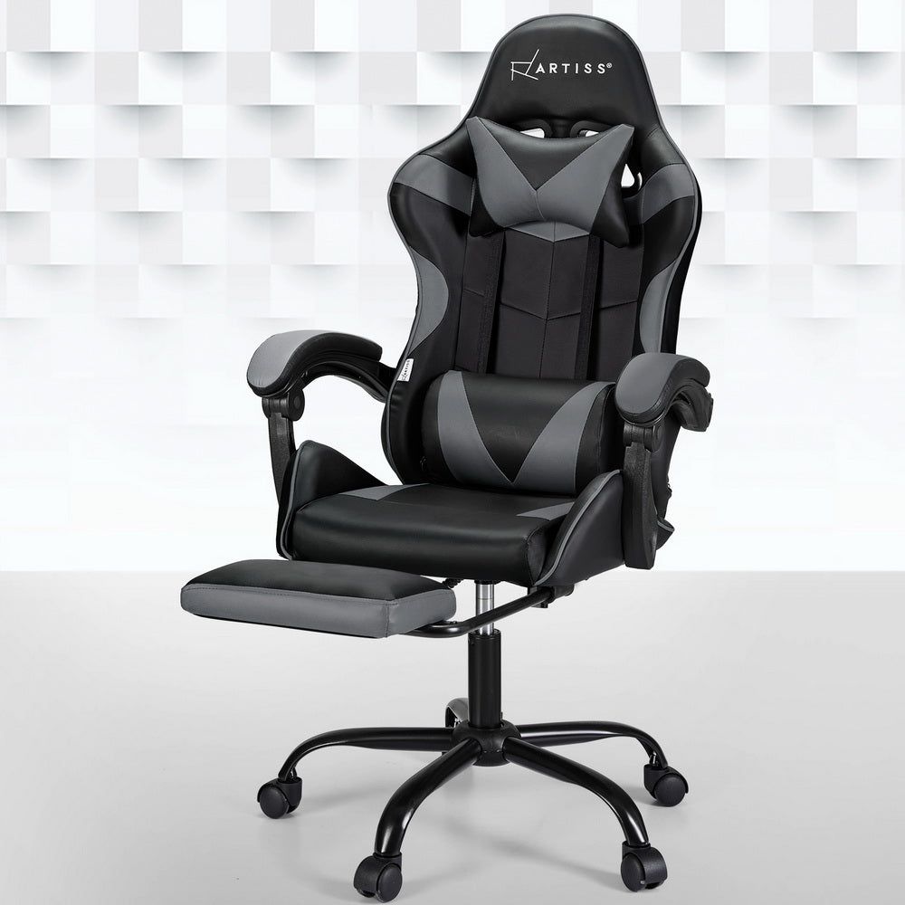 Artiss Ergonomic 2-Point Massage Gaming & Office Chair with Adjustable Footrest - Grey - Perfect for Home Office, Gaming Setup, and Workstation Comfort