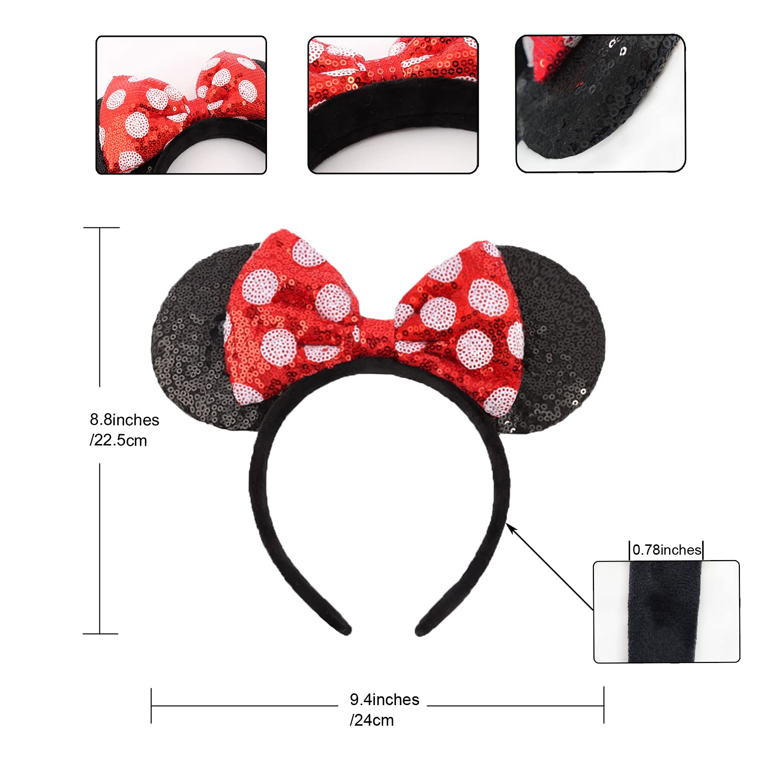 Sparkly Sequin Mouse Ear Headbands for Women & Girls - 2 Pack Classic Bow Headbands (Red Sequin & Red Dot) | Perfect for Disney Trips, Cosplay, Halloween & Theme Parties