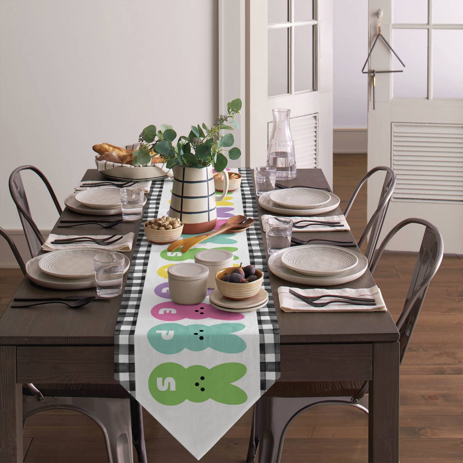 Easter Table Runner - 16x72 Inch Black Buffalo Plaid Decorative Table Scarf for Spring Dinner, Kitchen & Dining Room Decor | Bunny & Peeps Design | Perfect for Easter Party, Holiday Gatherings & Home Decor