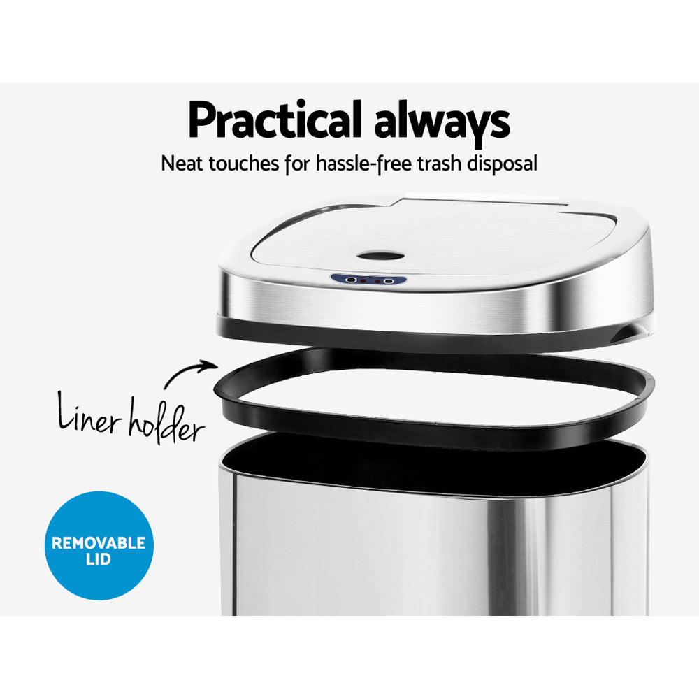 50L Stainless Steel Motion Sensor Trash Can - Automatic Touchless Kitchen & Office Garbage Bin with Lid