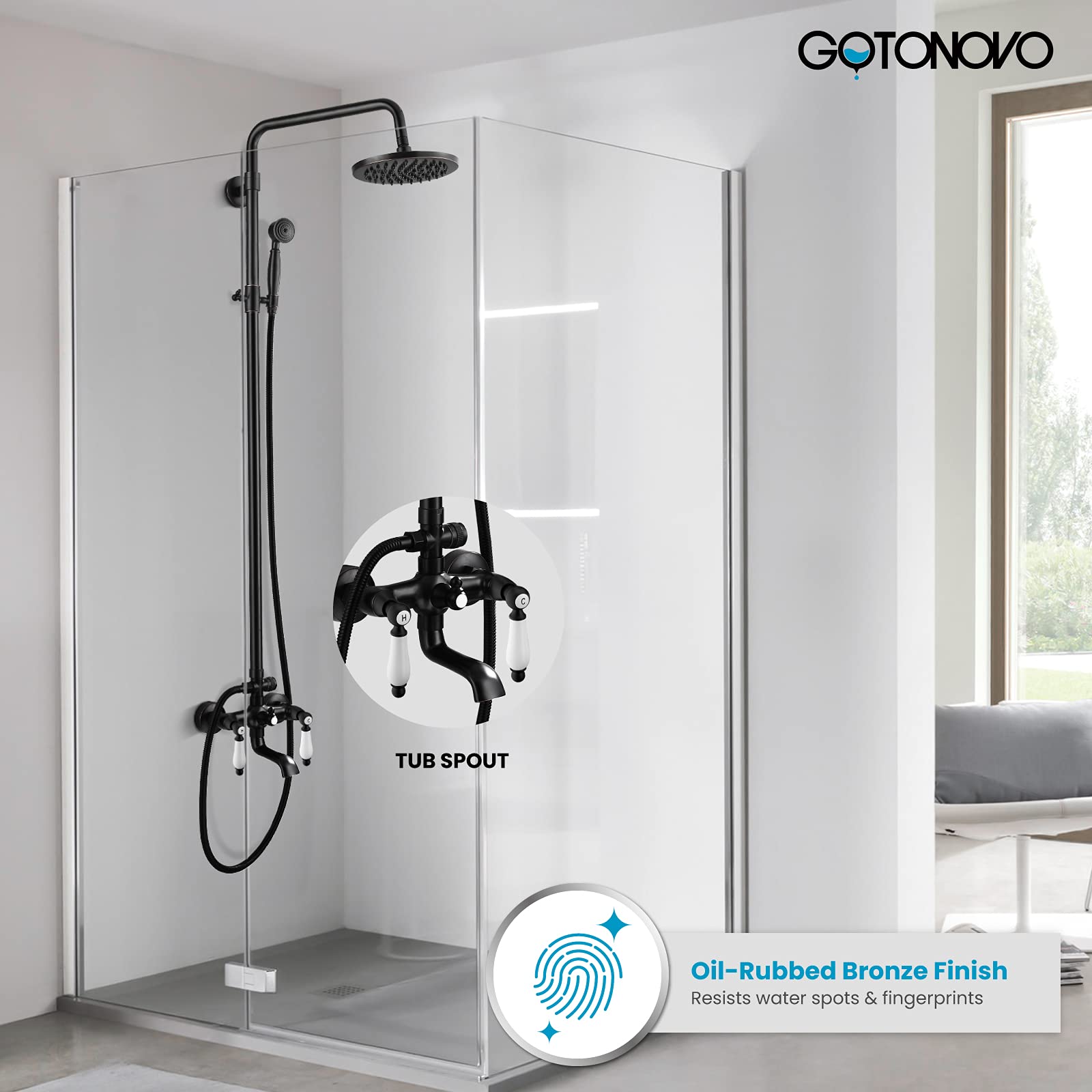 Luxury Oil Rubbed Bronze Shower Faucet with 8 Inch Round Rain Shower Head - Matte Black Clawfoot Tub Adapter (3-3/8 Inch) & Adjustable Swing Arms - Perfect for Vintage & Modern Bathroom Renovations