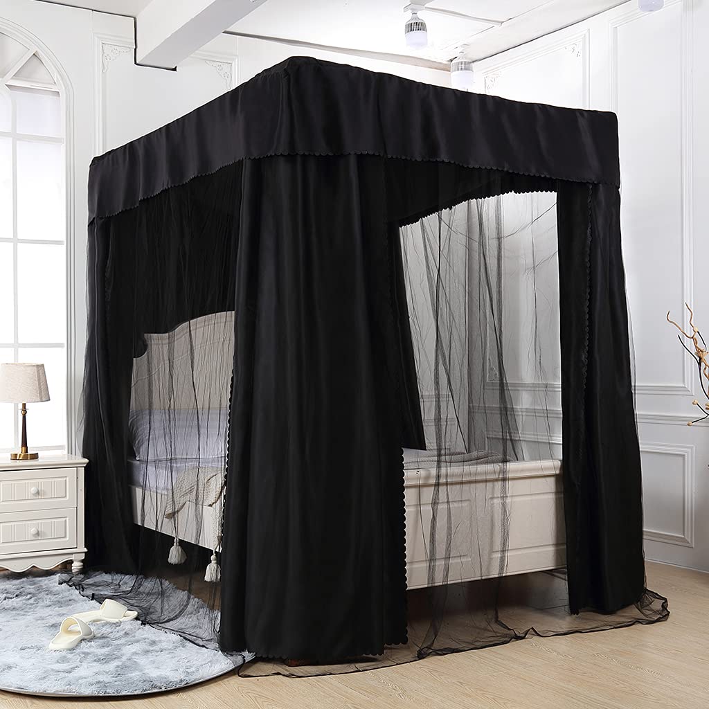 2-in-1 Double Protection Princess 4 Corner Post Bed Mosquito Net & Blackout Bed Curtains - Lightproof Privacy Canopy for Bedroom (Black, Full Size) | Perfect for Allergy Relief, Baby Protection & Romantic Bedroom Decor