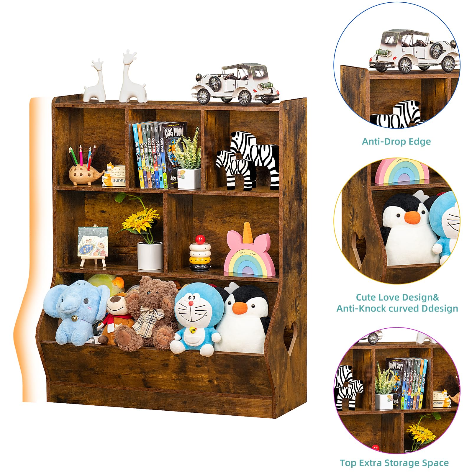 Lerliuo 3-Tier Kids Toy Storage Organizer & Bookcase - 7 Cubby Toy Shelf Cabinet for Playroom, Bedroom, Nursery - 29.53