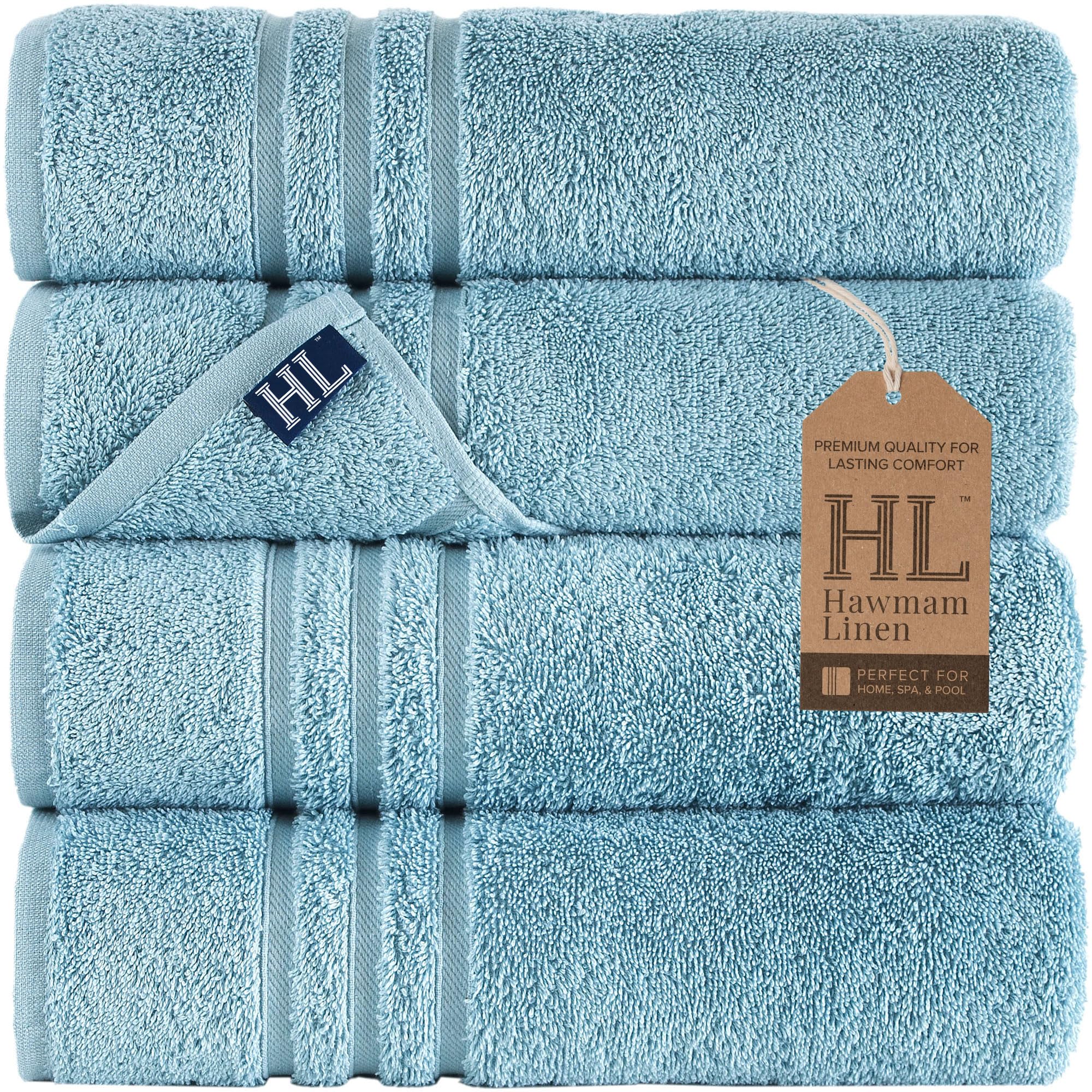 Premium Soft & Absorbent 100% Cotton Bath Towels 4 Pack - 600 GSM Light Blue Linen Towels for Spa, Beach, Gym & Everyday Luxury | Hawmam