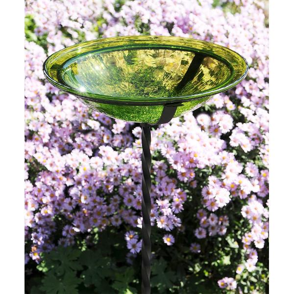 Fern Green Crackle Glass Birdbath Bowl for Garden Decor - Handmade Outdoor Bird Feeder with Crackled Texture, Perfect for Attracting Birds to Your Backyard or Patio