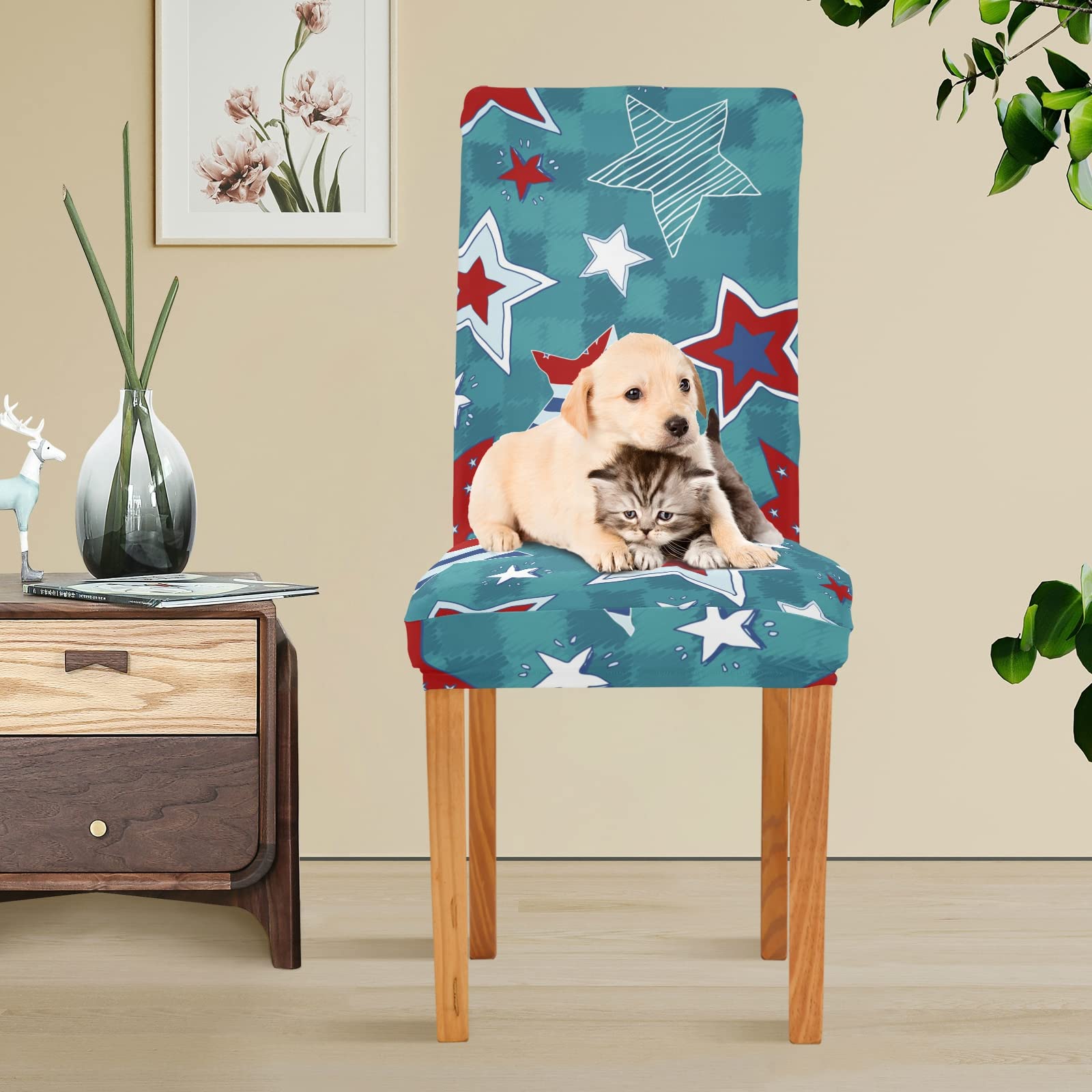 4-Pack Cartoon Stars Patriotic Chair Covers - Washable Stretch Slipcovers for Dining Chairs, Independence Day Party Decor, Home & Hotel Use