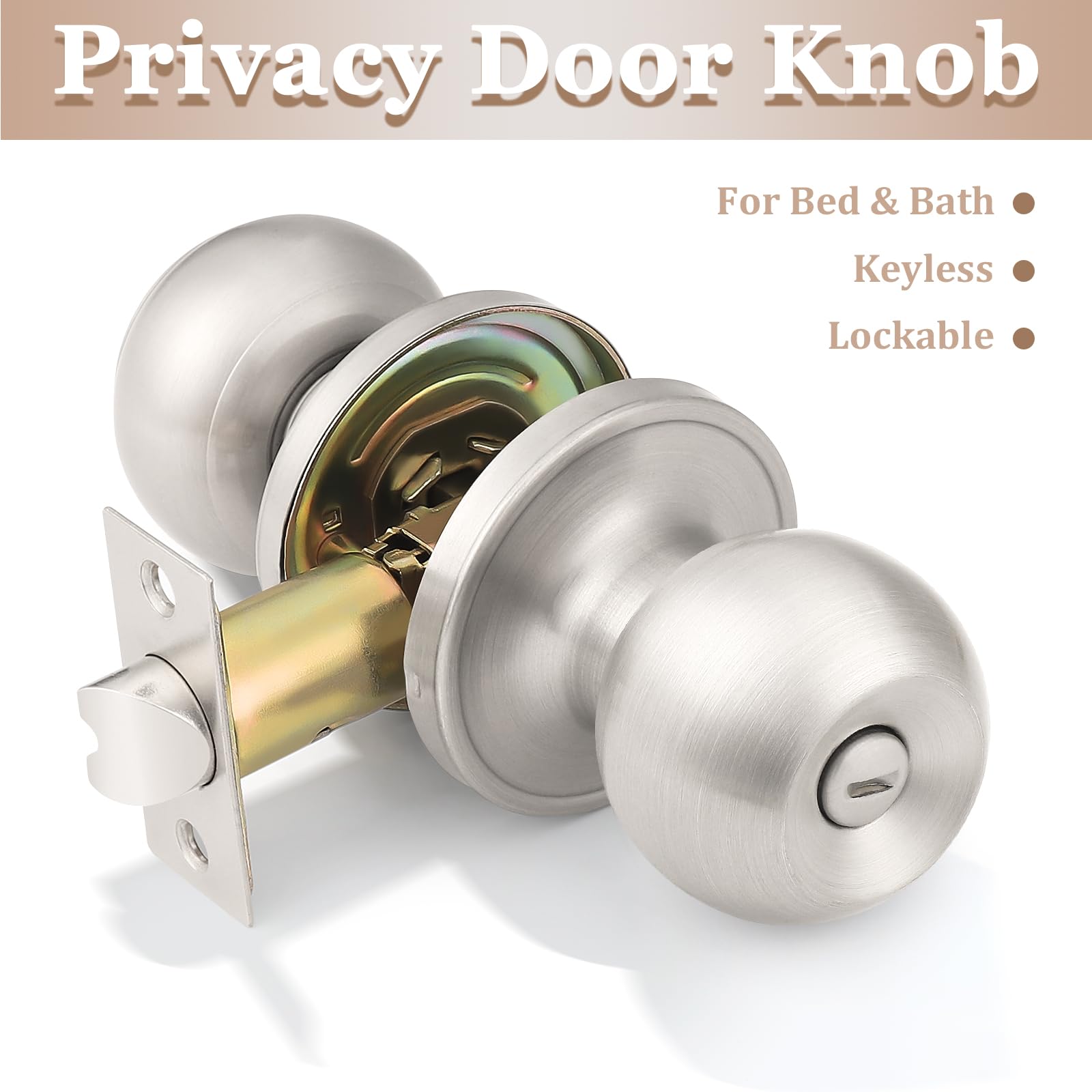 Probrico 8 Pack Satin Nickel Keyless Privacy Door Knobs - Adjustable Latch Backset for Bedroom & Bathroom Interior Doors | Secure, Easy Installation for Homes & Apartments