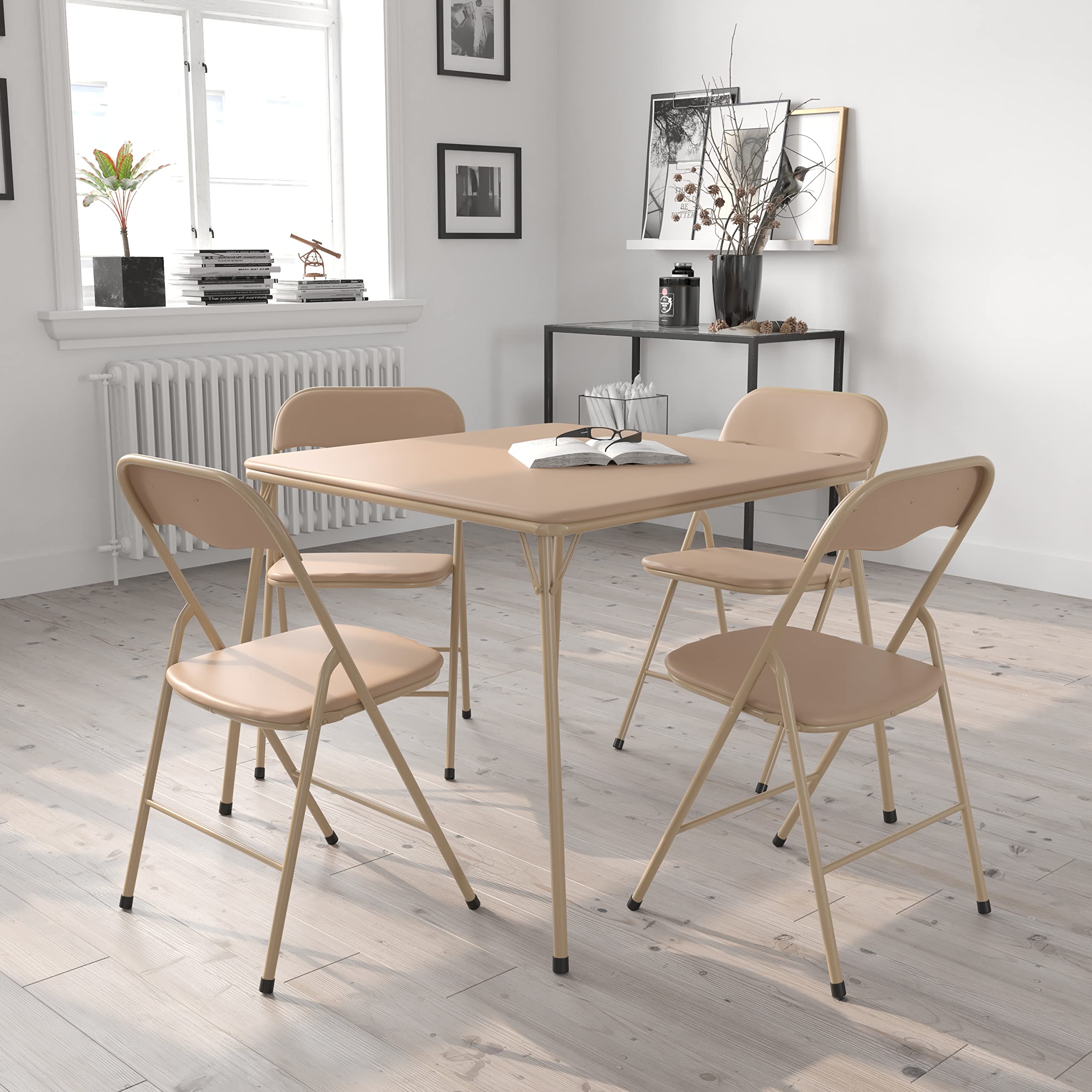 EMMA + OLIVER 5-Piece Tan Folding Game Room Card Table and Chair Set - Perfect for Poker Nights, Family Game Nights, and Home Entertainment Spaces
