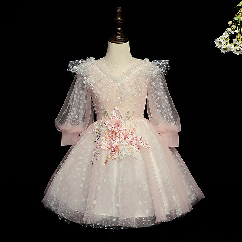 Pink Princess Tea Length Tulle Flower Girl Dress with Lace - Perfect for Weddings, Birthday Parties & Special Occasions