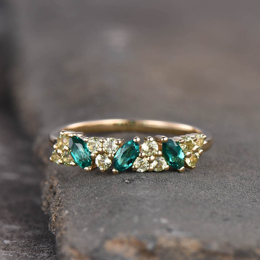 Stackable Marquise Emerald & Three Stone Peridot Wedding Ring - Promise Ring for Women, Dainty Everyday Band Jewelry (Perfect for Anniversaries, Engagements & Special Occasions)