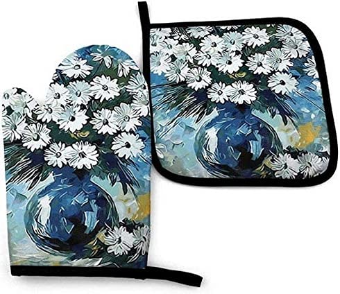 Heat Resistant White Daisies Oven Mitts & Pot Holders Set of 2 - Kitchen Cooking Gloves for Baking, Grilling & Hot Dish Handling - Perfect for Home Chefs & Holiday Cooking Gifts