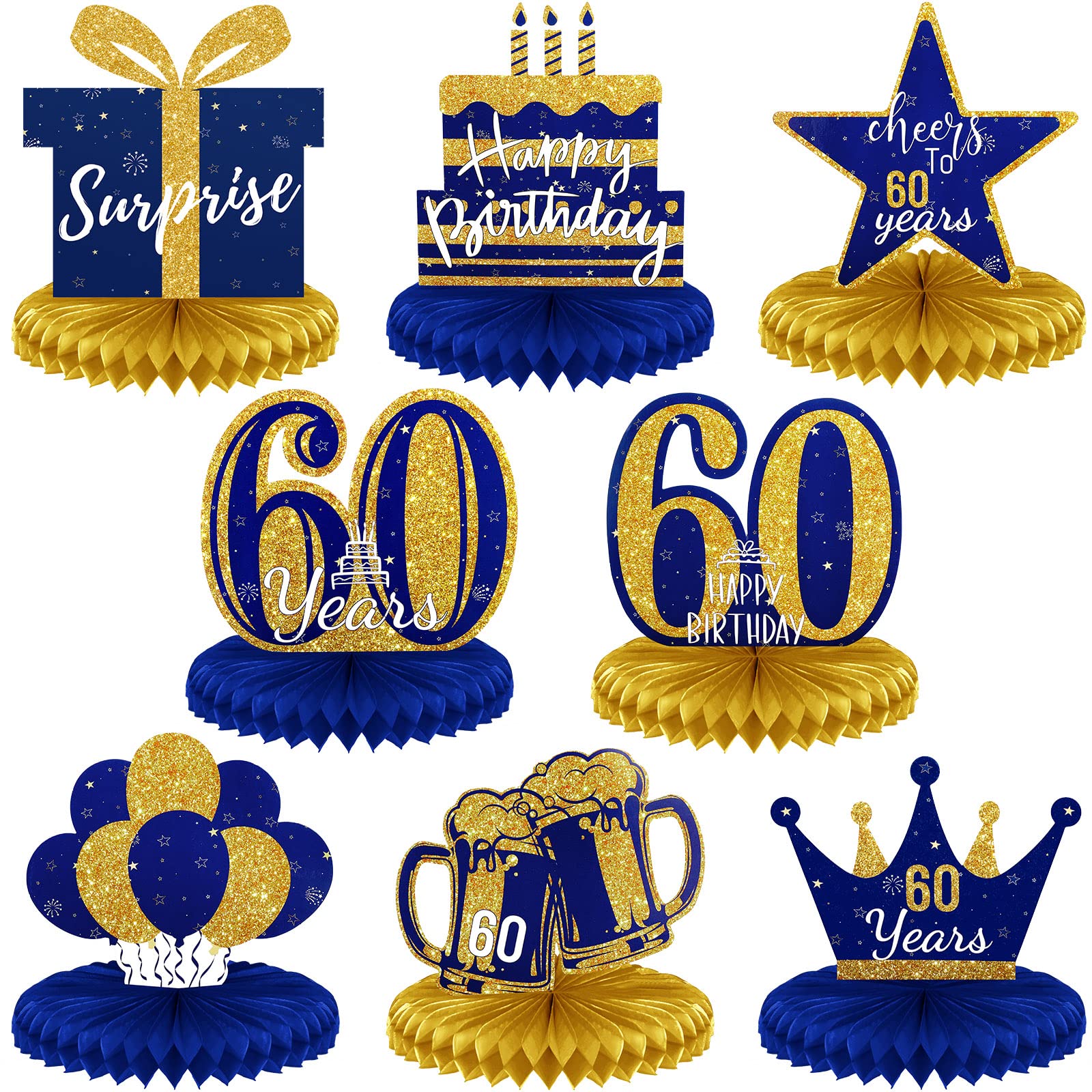Spakon 8-Piece Gold & Blue 60th Birthday Table Centerpieces - Honeycomb Party Decorations for 60th Anniversary Celebrations - Perfect for Milestone Birthday Parties, Retirement Events & Golden Jubilee Decor