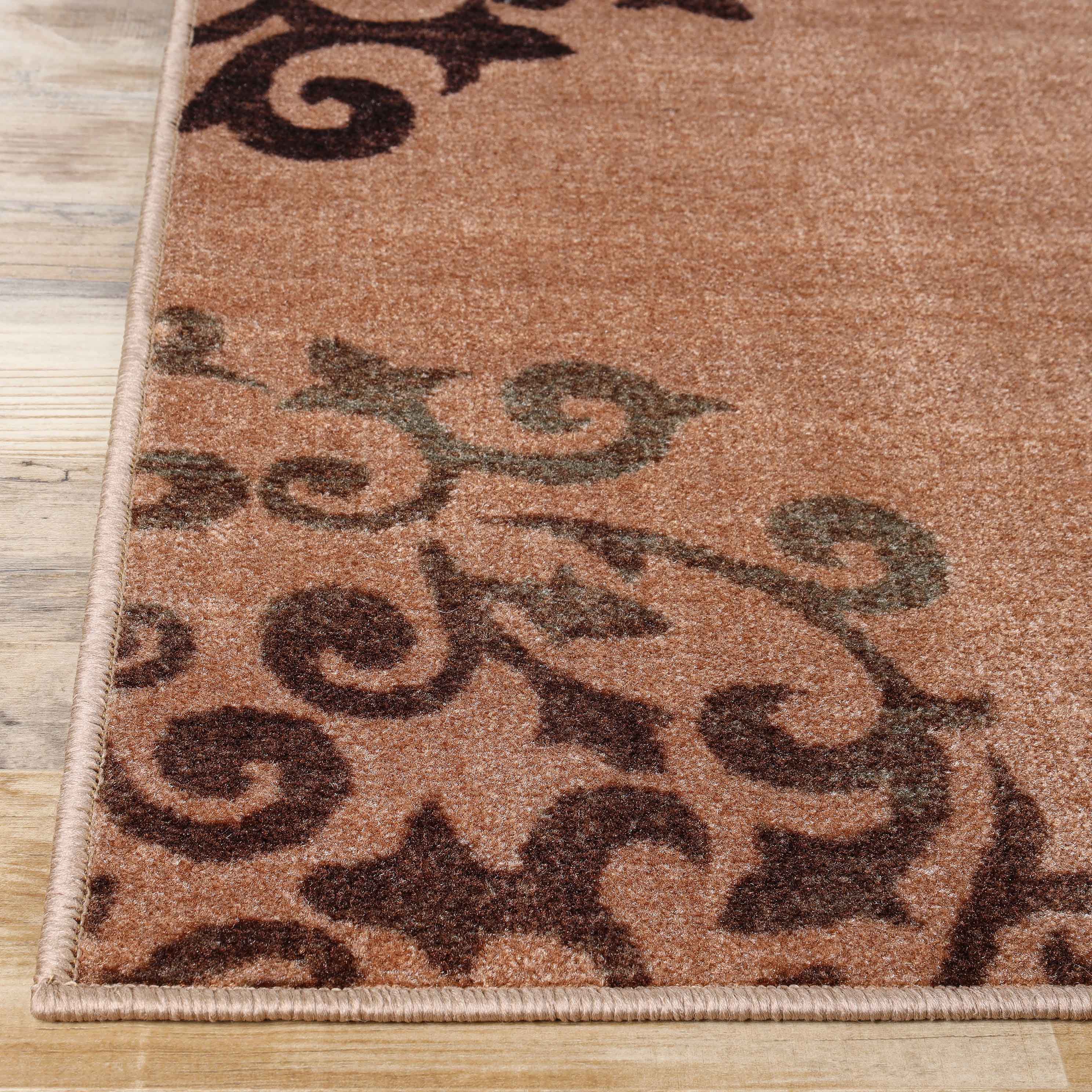 Non-Slip Washable Amber Floral Scroll Indoor Area Rug or Runner - Perfect for Living Room, Bedroom, and Hallway Decor