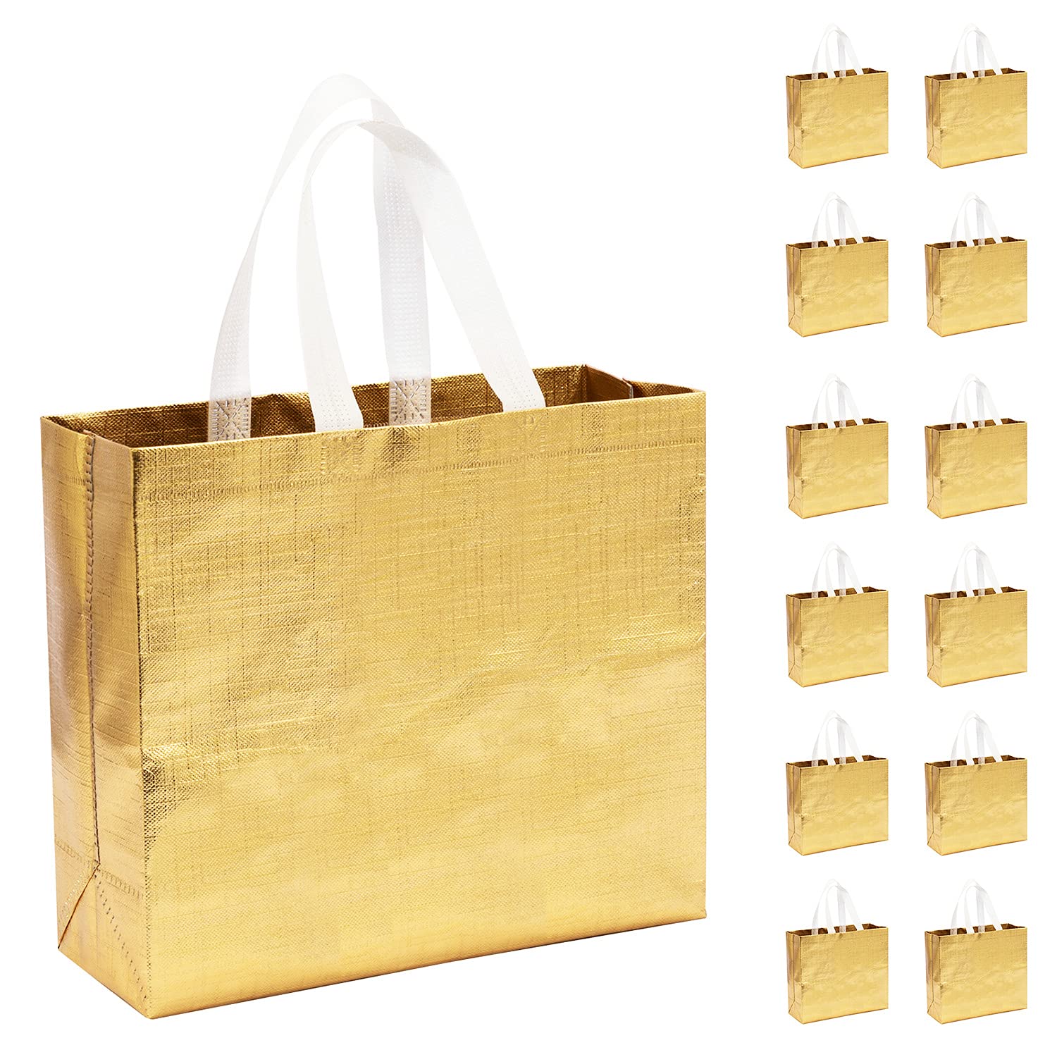 12 PCS Glossy Reusable Gift Bags - Eco-Friendly Non-Woven Fashion Shopping Bags with Handles for Women, Wedding, Bridesmaid, Birthday Party, Groceries & Special Occasions (Gold) - Perfect for Gift Wrapping, Party Favors & Sustainable Shopping