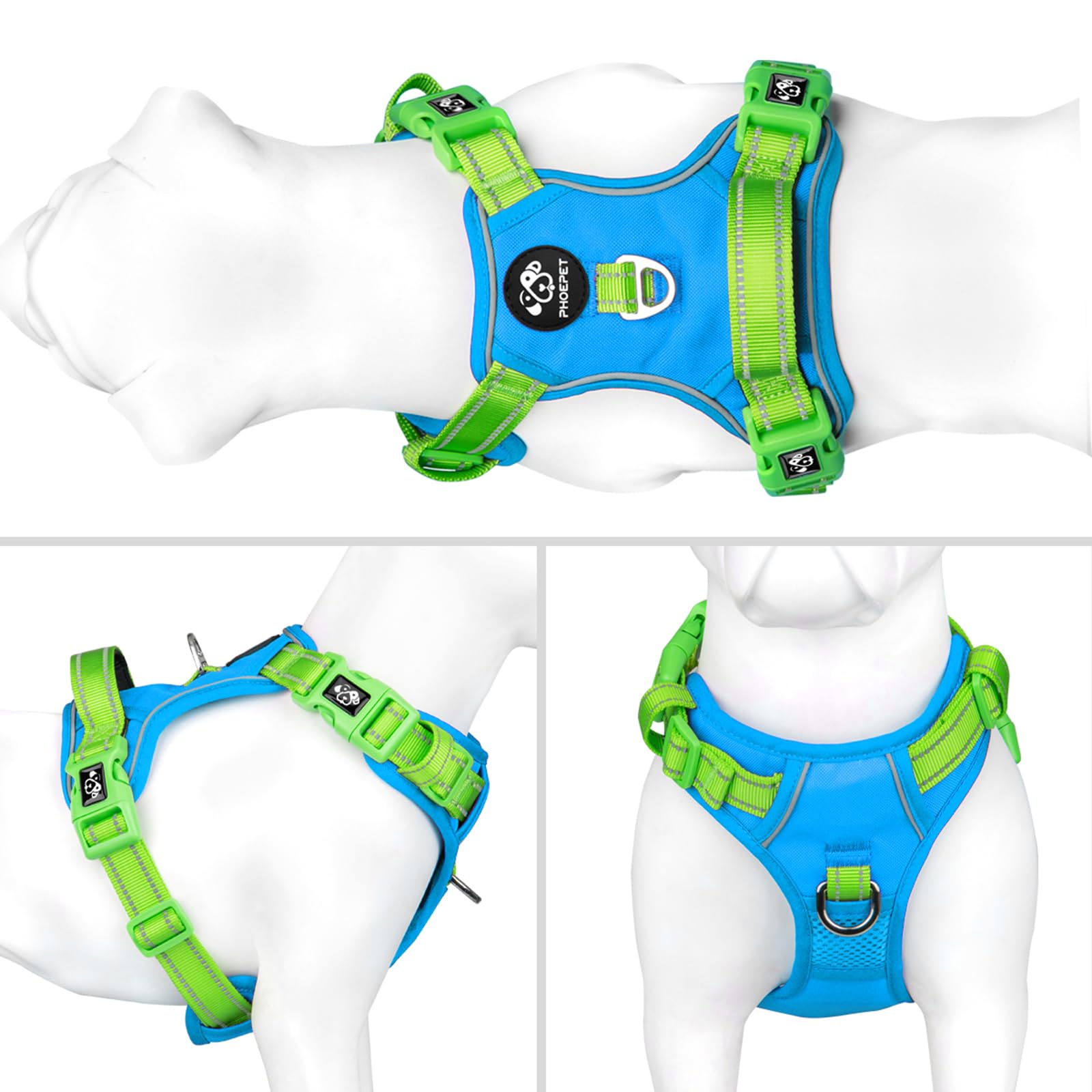 PHOEPET No Pull Dog Harness - Reflective Adjustable Pet Vest with Soft Training Handle & Metal Clips for Small Medium Large Dogs (Blue/Green, Medium) | Perfect for Walking, Running, Training & Outdoor Adventures