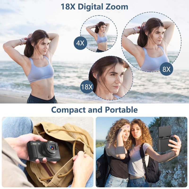 4K Digital Camera for Photography & Vlogging - 18X Zoom Retro Camera with 3