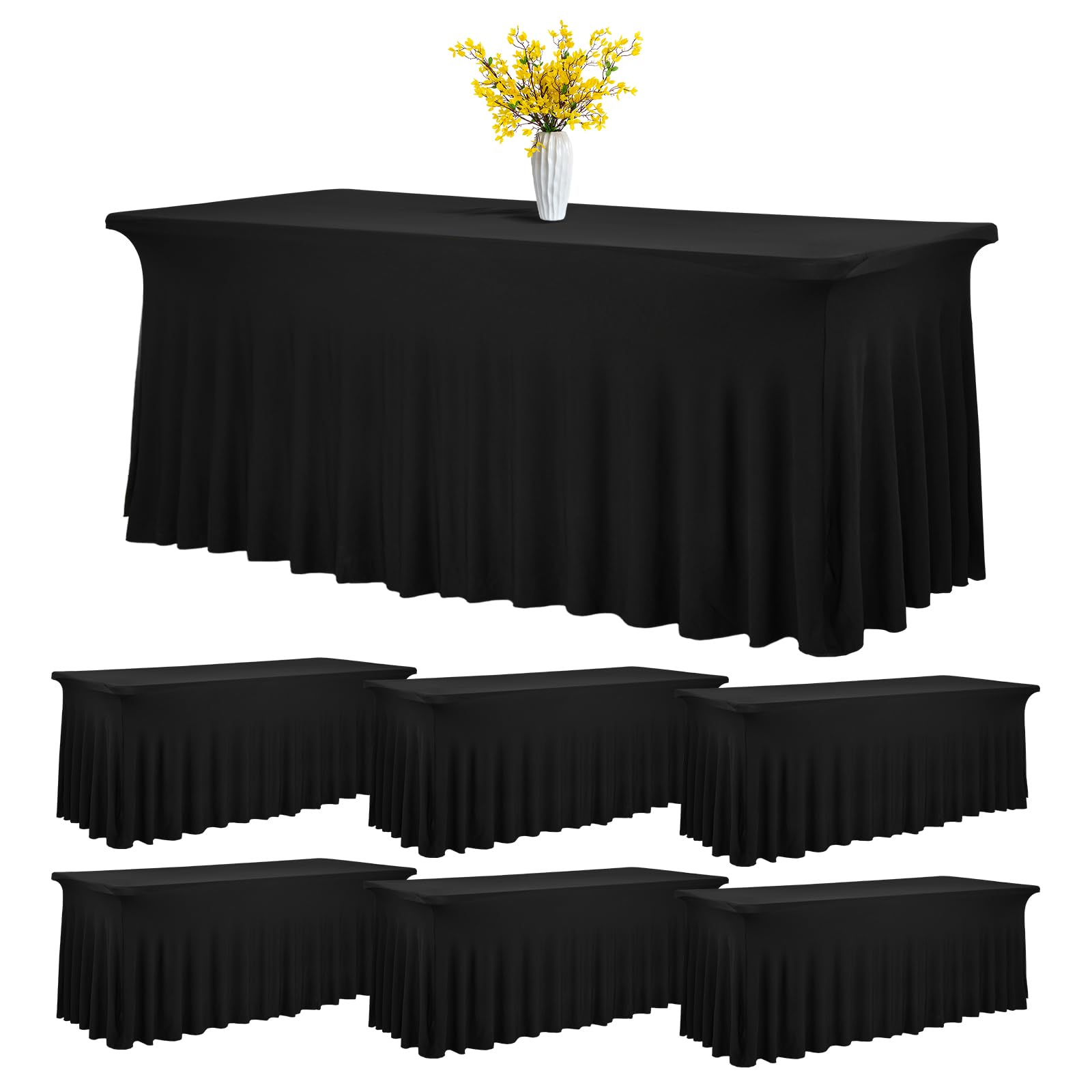 6 Pack 8Ft Spandex Table Skirt - Black Stretch Tablecloth with Ruffles Design for Rectangle Tables, Wrinkle-Resistant & Easy to Install - Perfect for Banquets, Weddings, Thanksgiving & Party Decorations (Ideal for Event Setup & Home Decor)