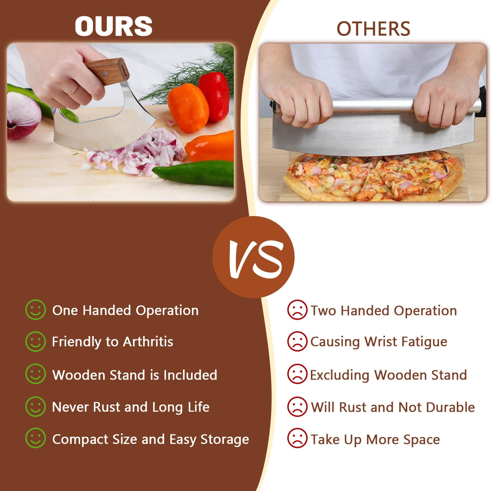 **KAYCROWN Mezzaluna Ulu Knife – Stainless Steel Rocker Pizza Cutter & Salad Chopper with Wooden Stand – Alaskan Ulu Knife for Kitchen, Veggie Mincing & Food Prep – Perfect for Pizza, Salads & Herbs**